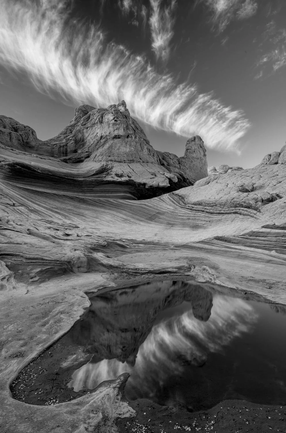 Black and White Photograph B & W of contrails and reflection, White Pockets, Vermillion Cliffs National Monument, Arizona