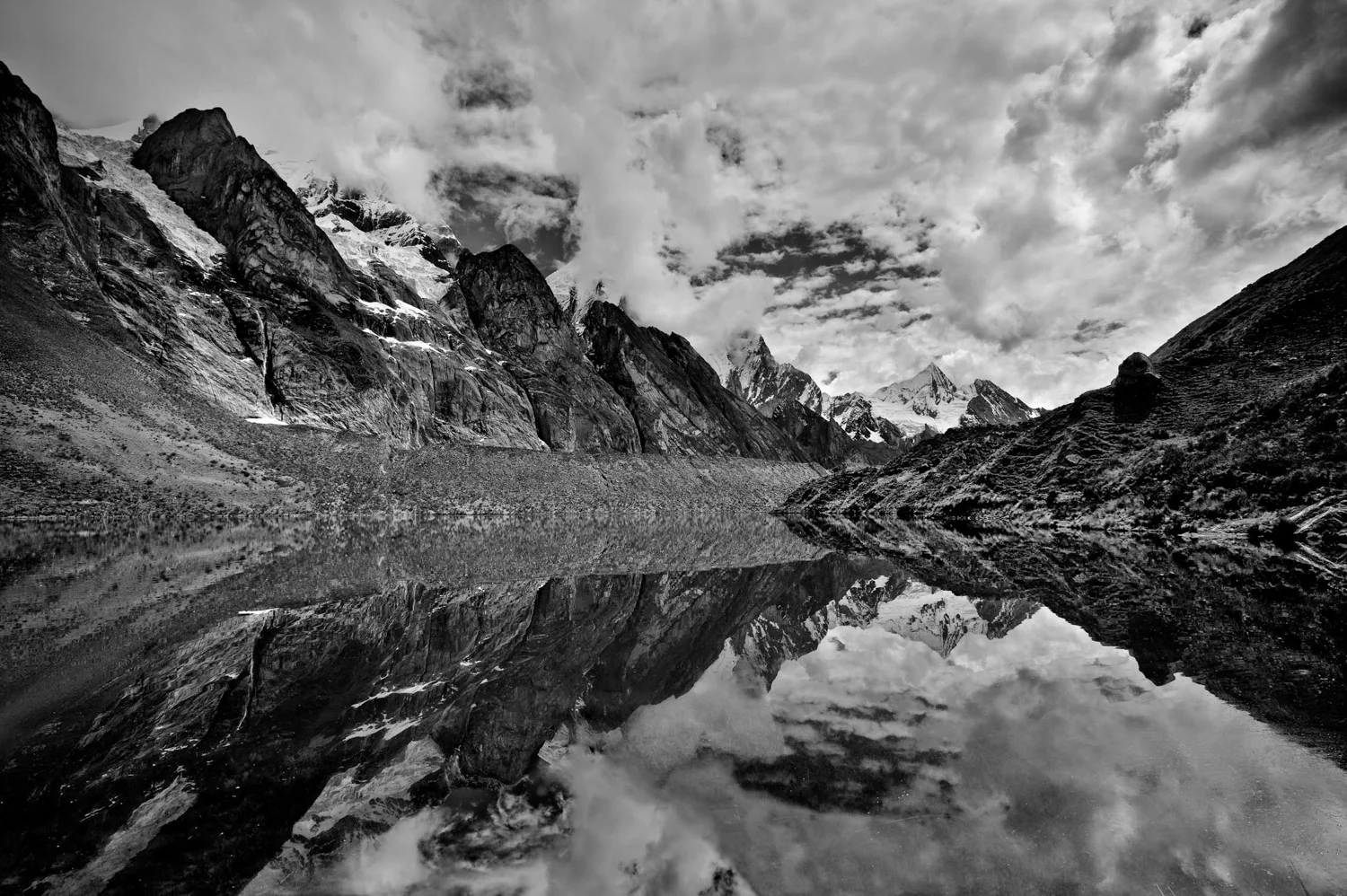 Black and White Landscape Photograph B & W of Siula Lake, Huayhuish Mountains Peru