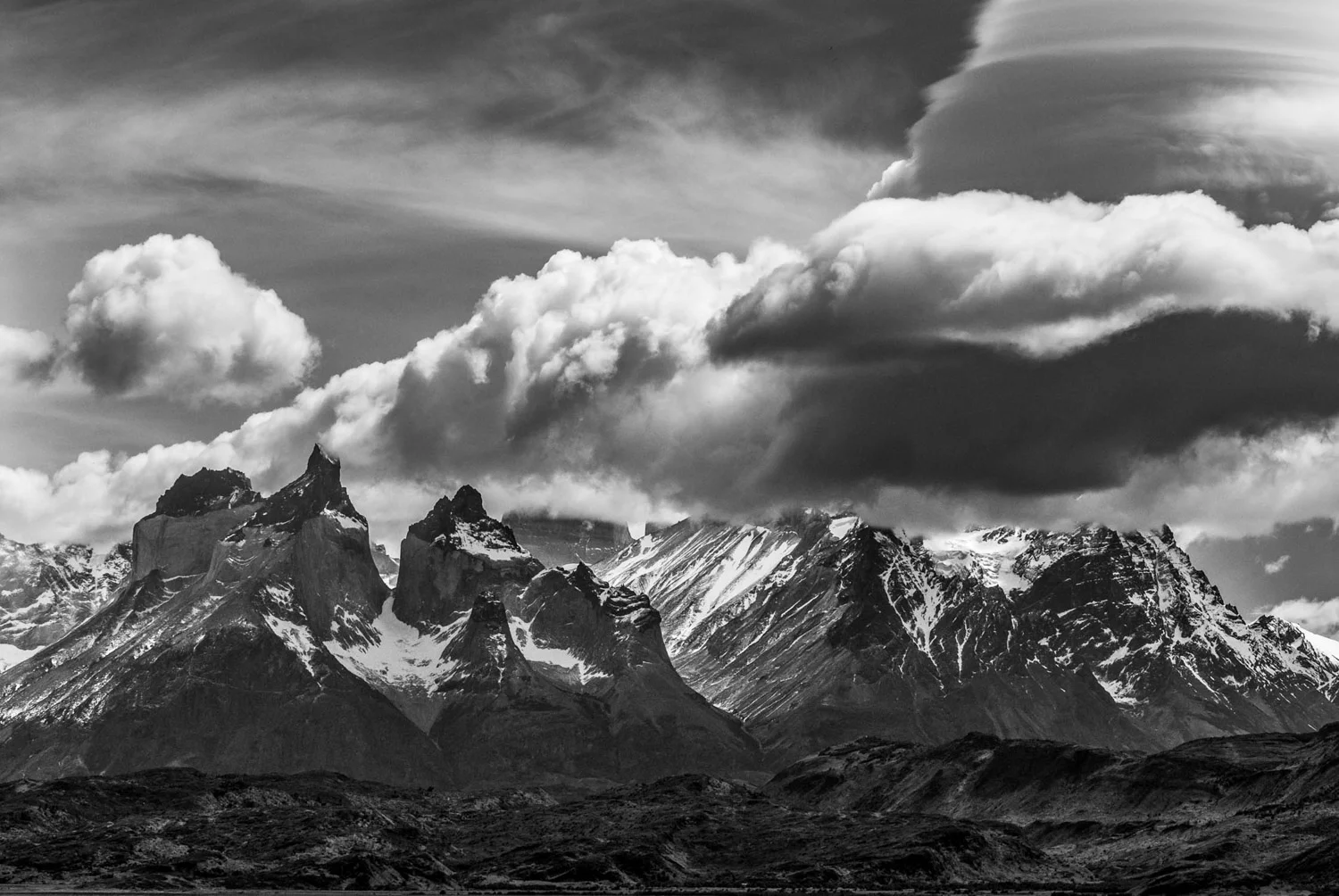 "Monochrome Tempest" Black and White Photograph B & W of Cuernos at Torres Del Paine National Park, Chile