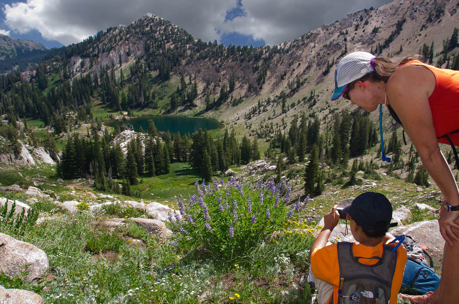 Helping a Child to Love Nature above Brighton and Catherine's Lake, Wasatch Mountains, Utah.