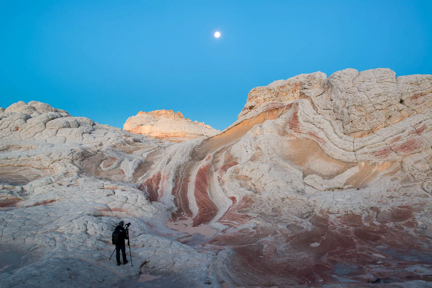 Photographer shooting the landscape and moon at Vermillion Cliffs, White Pockets Wilderness, BLM, Arizona.