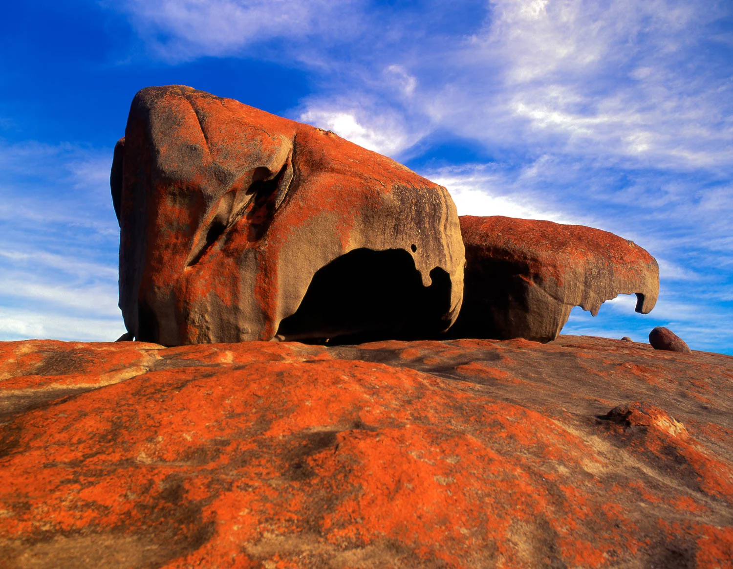 orange sculpted "Remarkable Rocks" are located in Flinders Chase Natl. Park, Kangaroo Island So. Australia