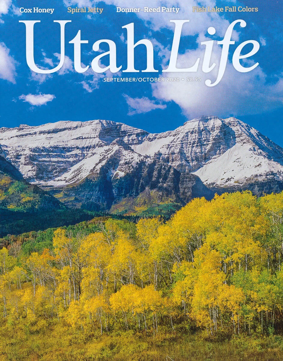 Mount Timpanogos in Snow with Golden Fall Aspen Trees, Cover of Utah Life Magazine Sept/October 2020.