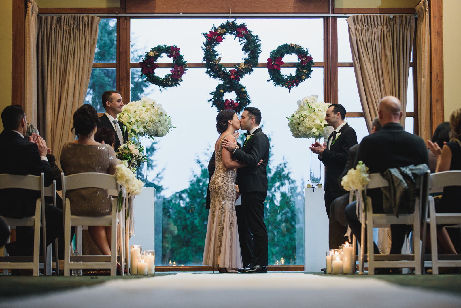 wedding first kiss at Westwood Plateau - Vancouver Island Wedding Photographers