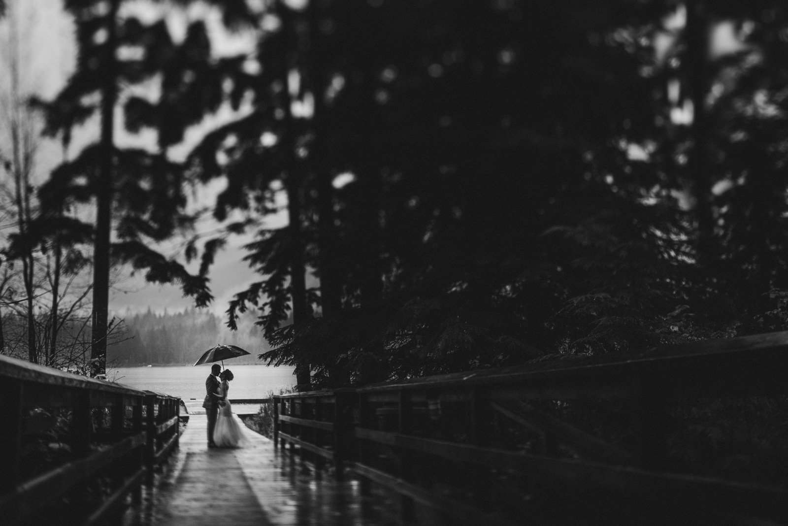 bride and groom standing on the dock in the rain at Whonnock Lake Centre in Maple Ridge - Victoria Wedding Photographers