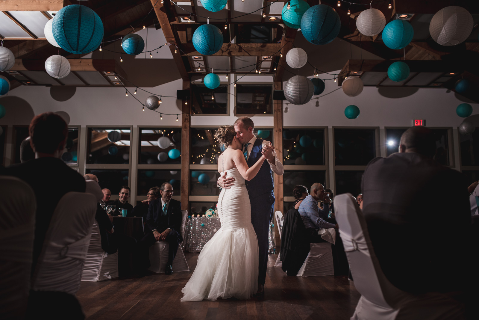 bride and groom first dance at their reception at Whonnock Lake Centre in Maple Ridge - Victoria Wedding Photographers