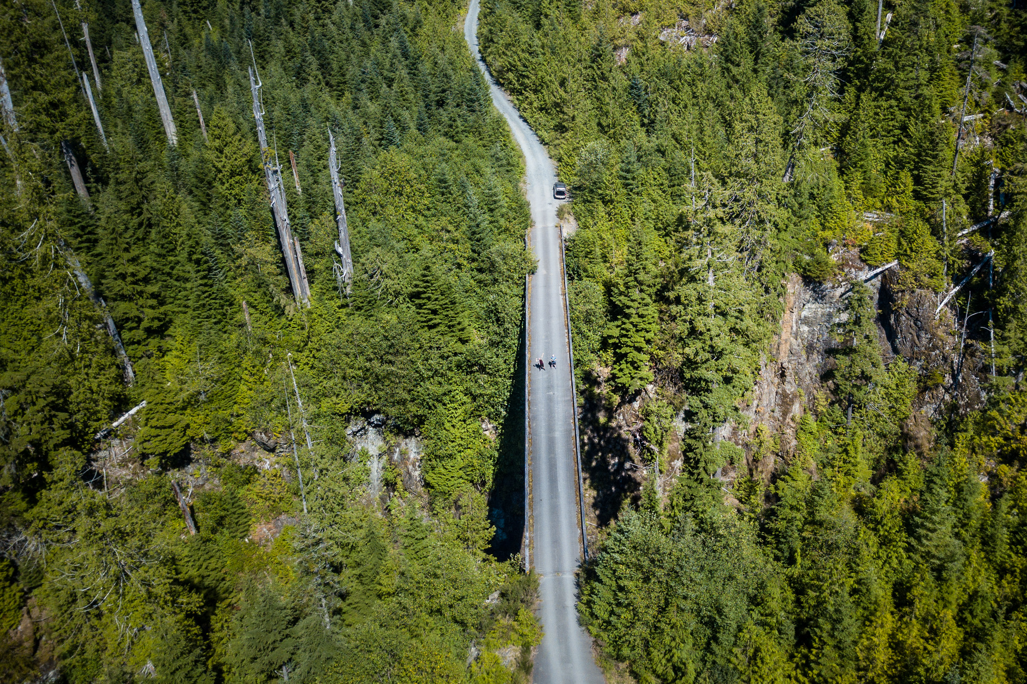  Travelling further up the coast to just outside Port Renfrew, where we had to get a shot using the drone of this bridge across a giant river valley.&nbsp; Hard to tell the perspective, but it's probably 100 feet down to the water below the bridge!&n