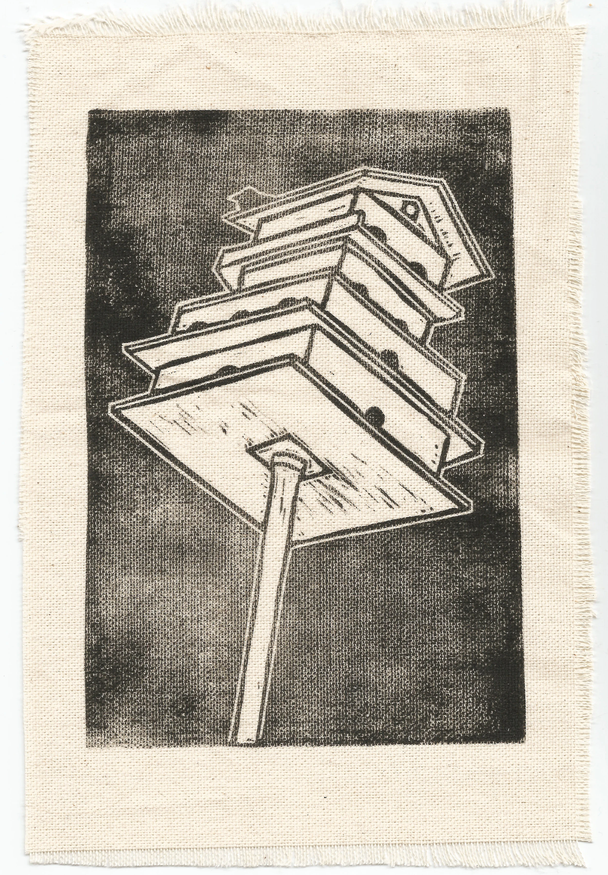 Bird Hotel (2018), linocut on raw canvas, 5inx8in
