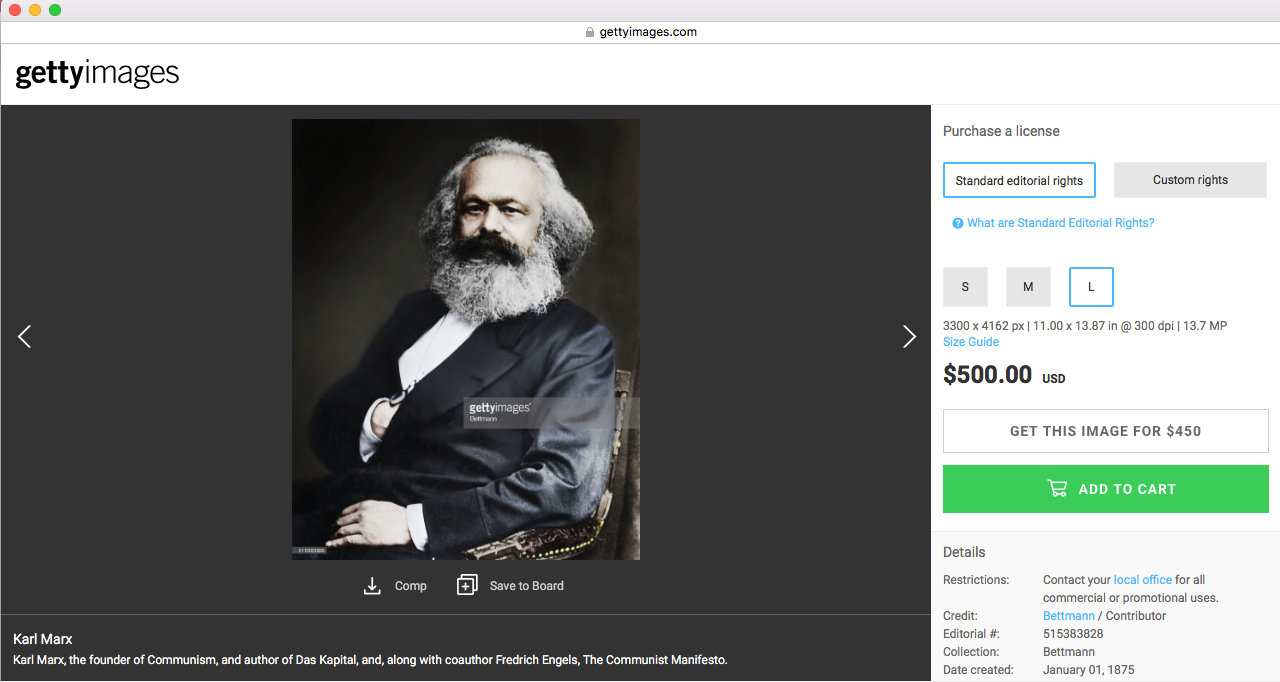 Captura de pantalla tomada del sitio gettyimages.com con la imagen de Karl Marx creada en 1875