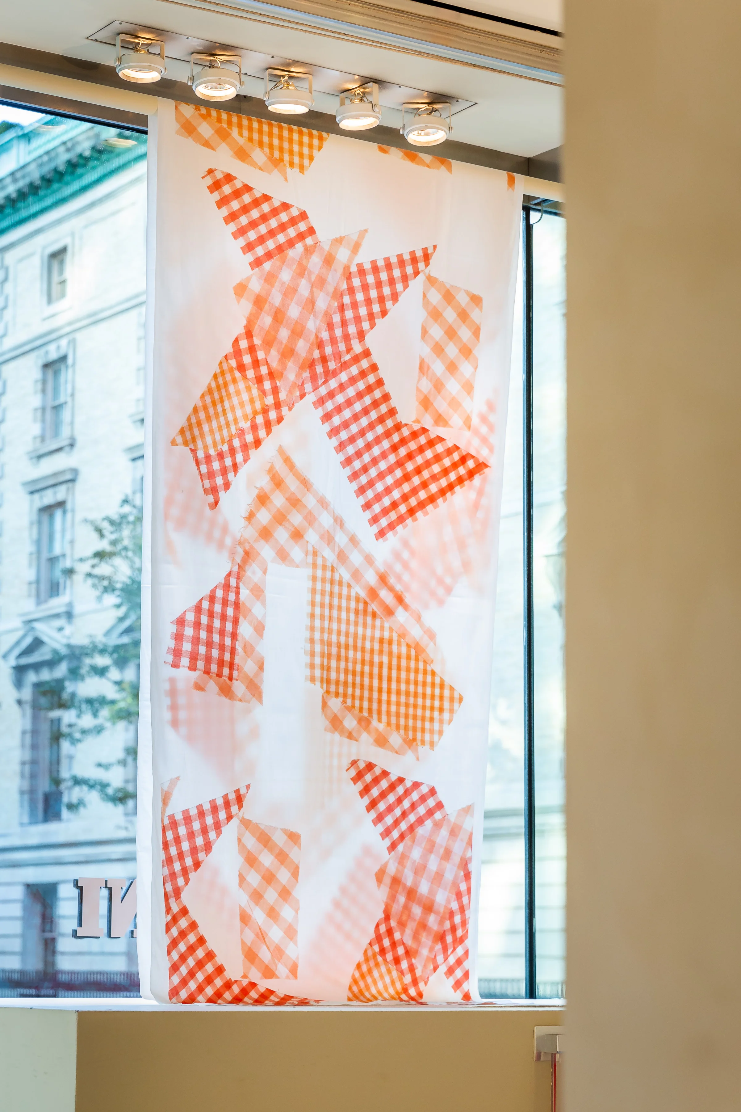 Cheryl Donegan, Banner (Orange Gingham), cotton cloth with digital print, 42" x 114 ", 2015