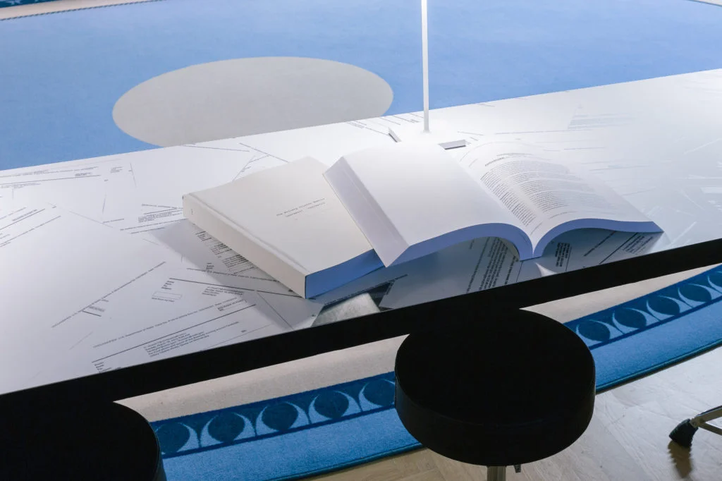 Installation view of Kenneth Goldsmith’s “HILLARY: The Hillary Clinton Emails” at Despar Teatro Italia. Photo: © Giorgio De Vecchi, Gerda Studio.