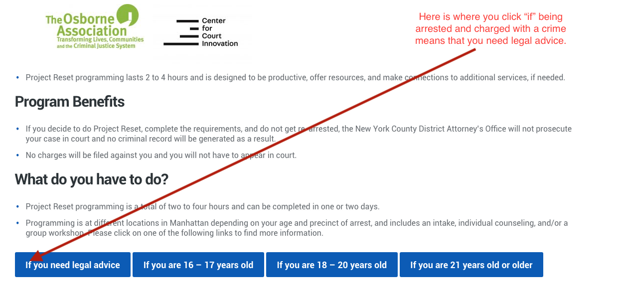 Has Gideon’s trumpet gone quiet? You have been arrested, charged with a crime, and the Government is contacting you about settling your case. Maybe you need legal advice, maybe not, say the NYC defender organizations. (Image is a screen capture of the Project Reset web page from September 25, 2018 - with my annotations.)