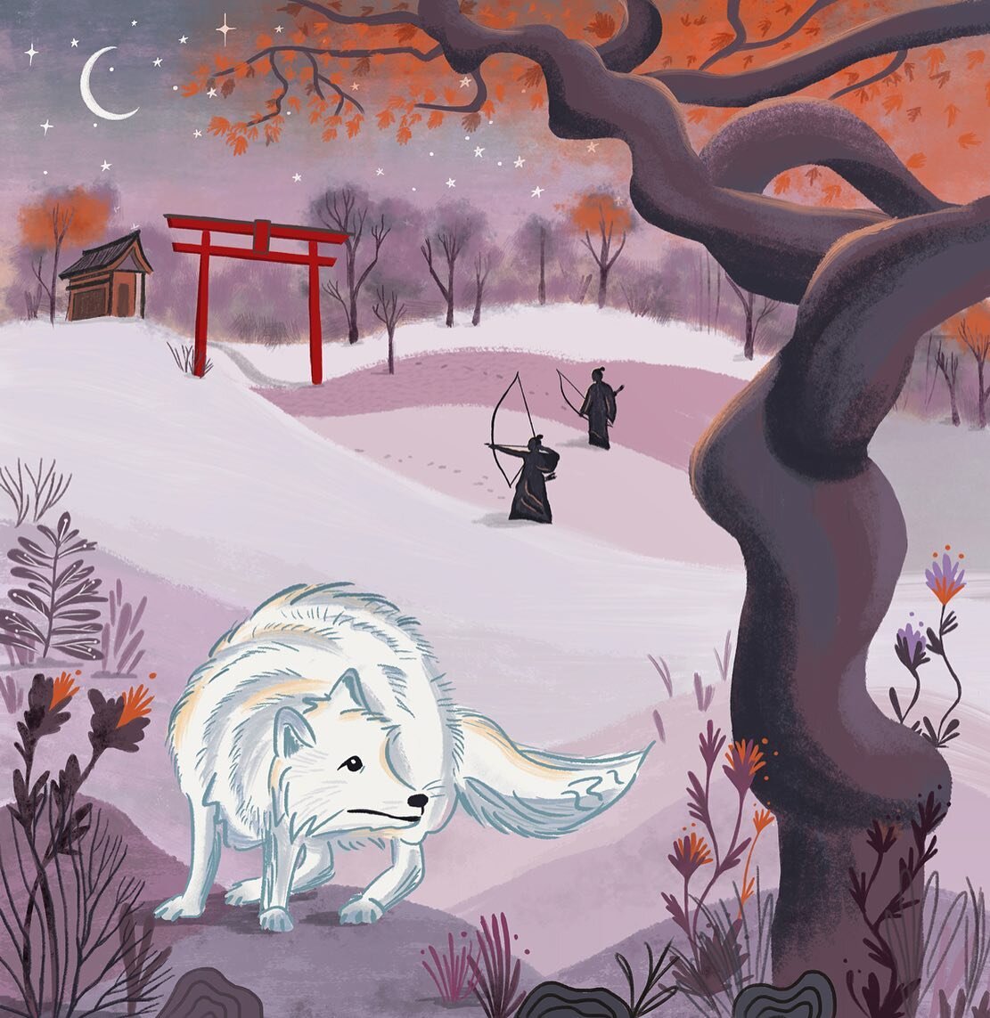 Some creative play this week illustrating a scene from the Japanese folktale: The Snow-White Inari Fox 🦊✨

@folktaleweek&rsquo;s first prompt of &ldquo;lost&rdquo; led to this opening scene of the rare white fox, who watched over the village, leadin
