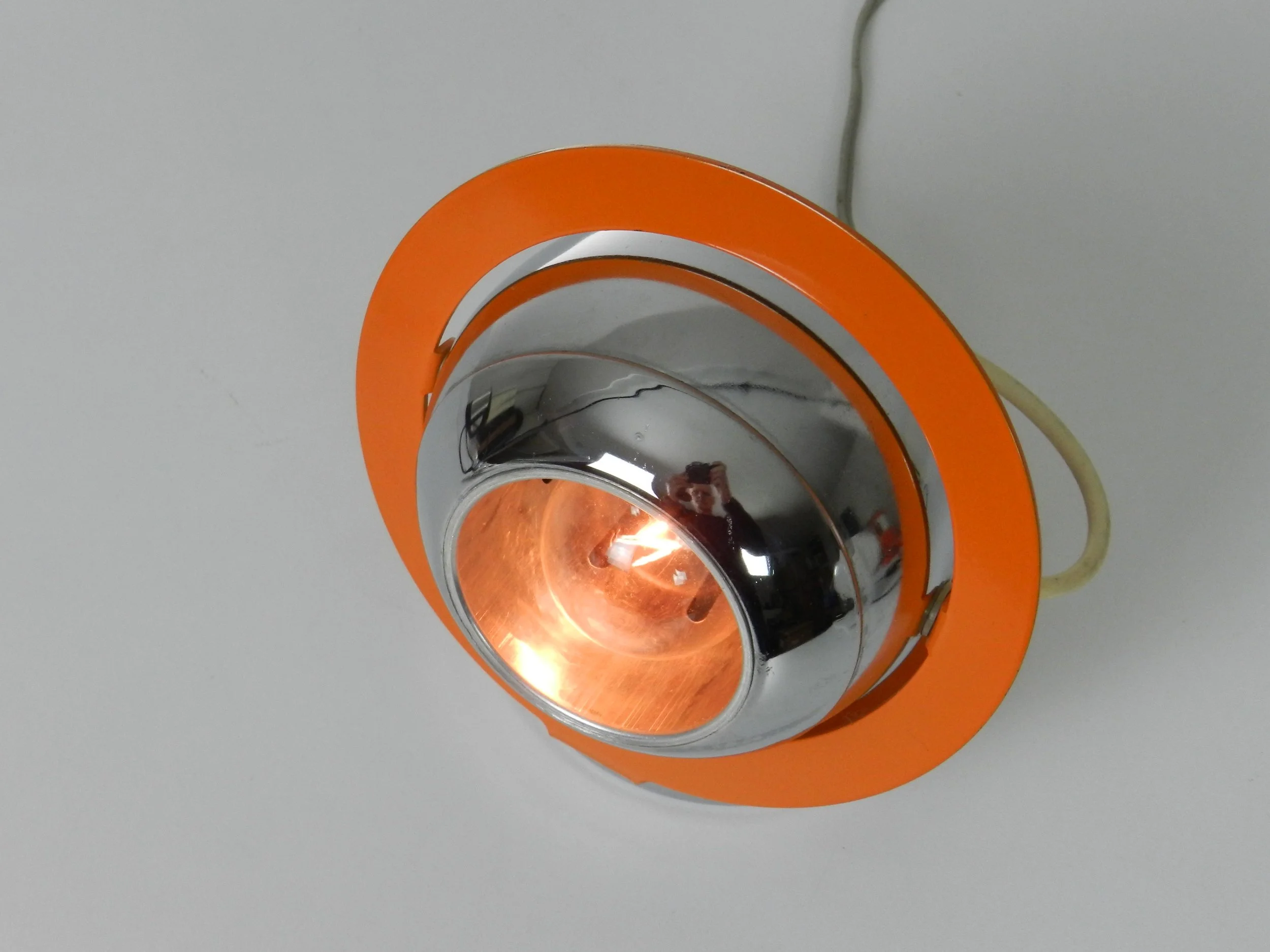 Space age eyeball lamp in enemeled metal and chrome.  Italy, 1970s.