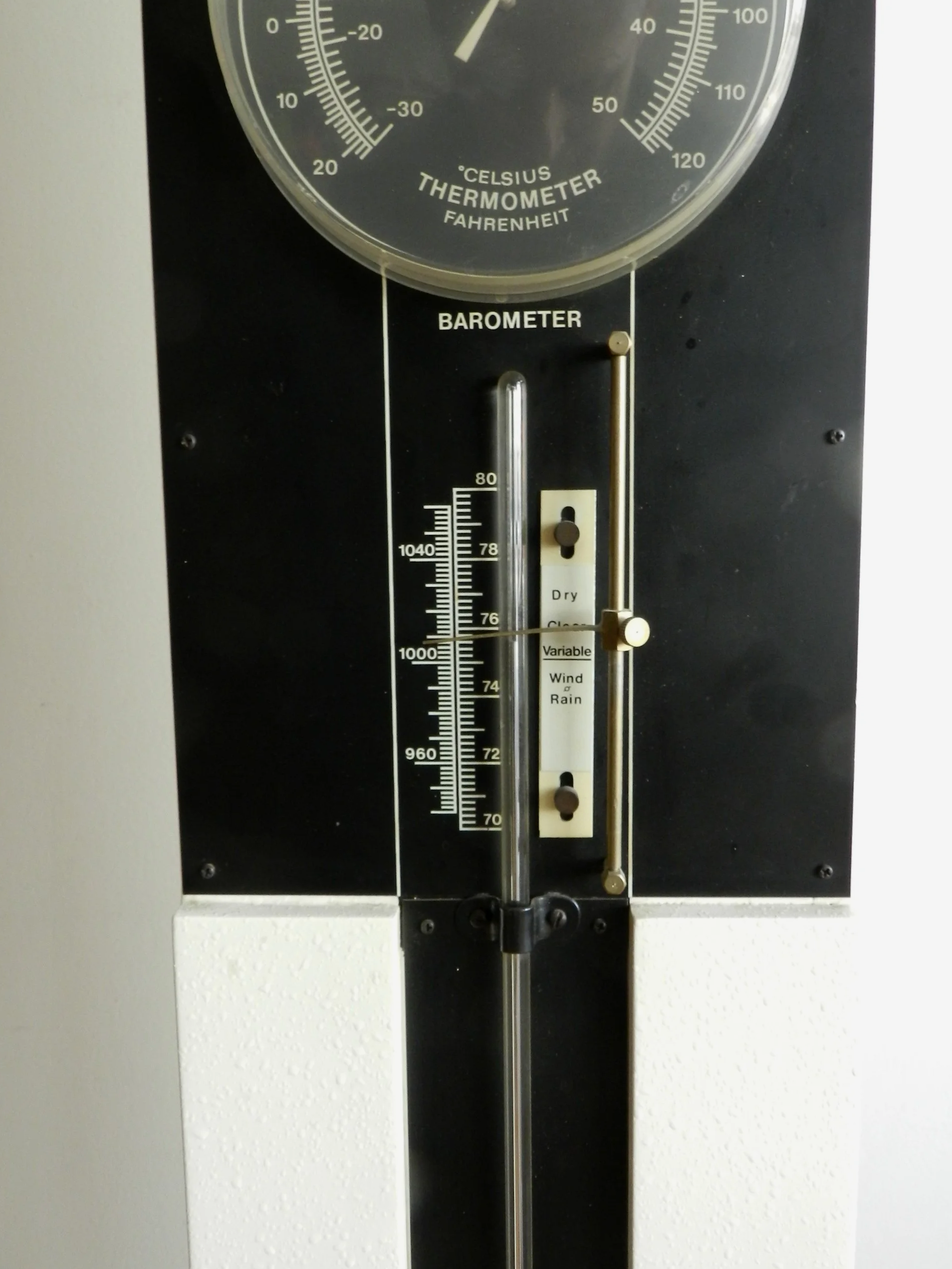Modernist floor clock, thermometer and barometer designed by Franz T. Sartori for Turati.  Italy, 1960s.