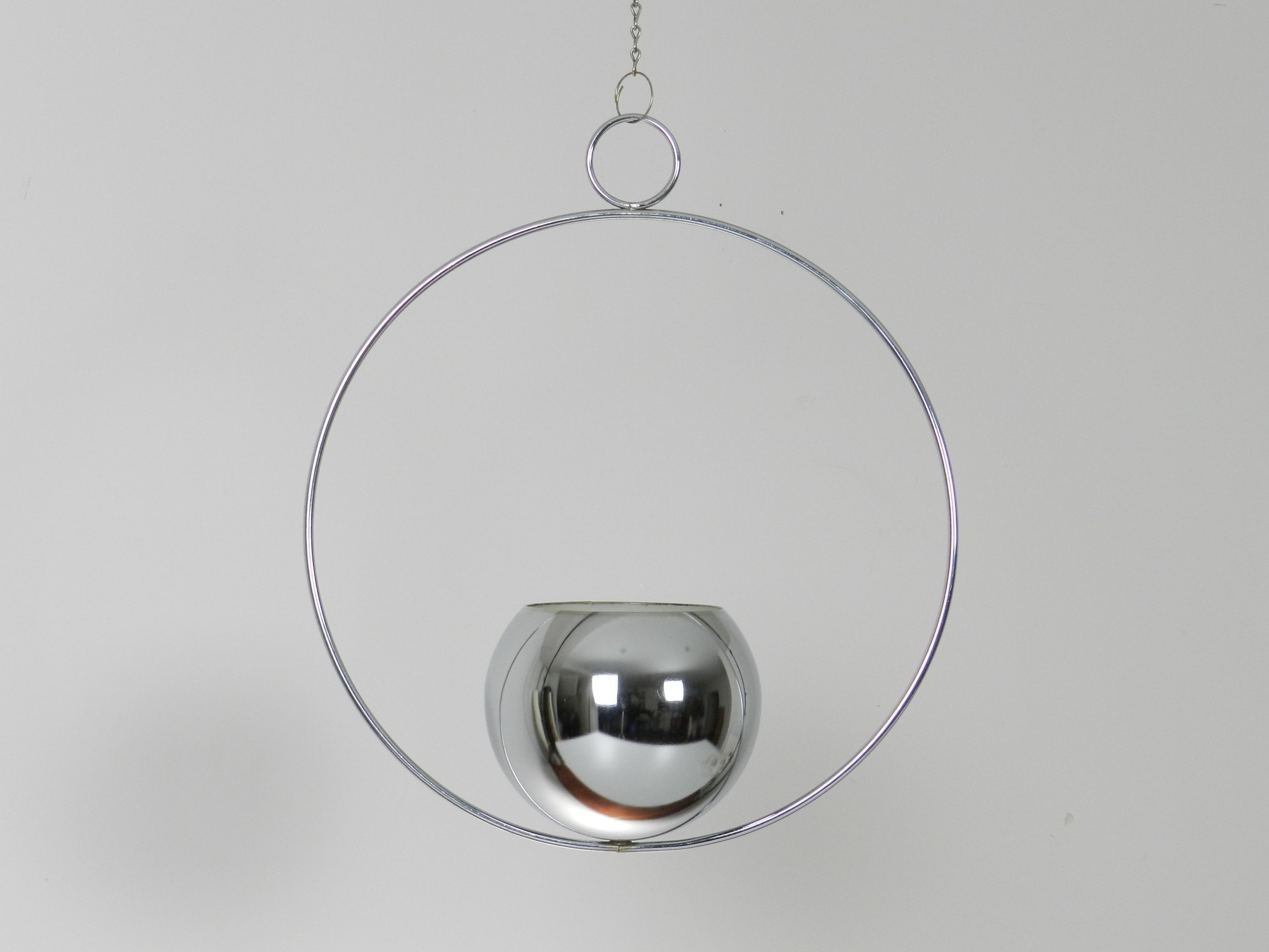 Vintage chrome space age hanging planter.  circa 1970s.
