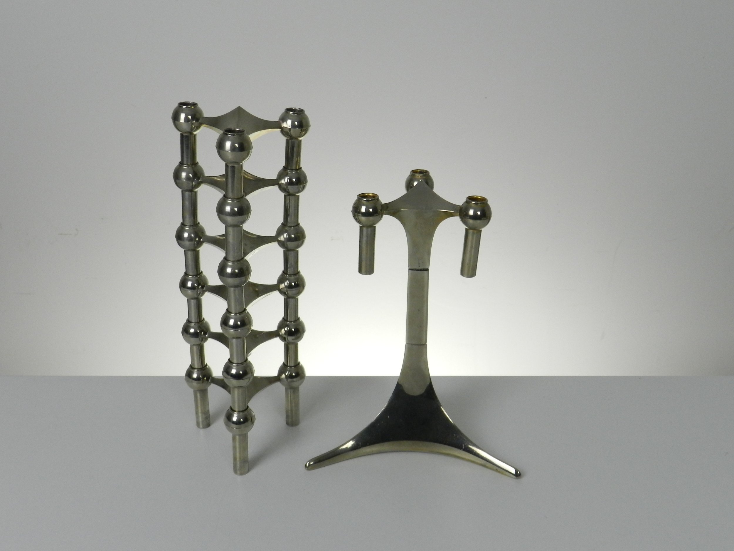 Set of 6 chrome modular Nagel candle holders with stand designed by Fritz Nagel and Ceasar Stoffi.  Germany, 1970s.