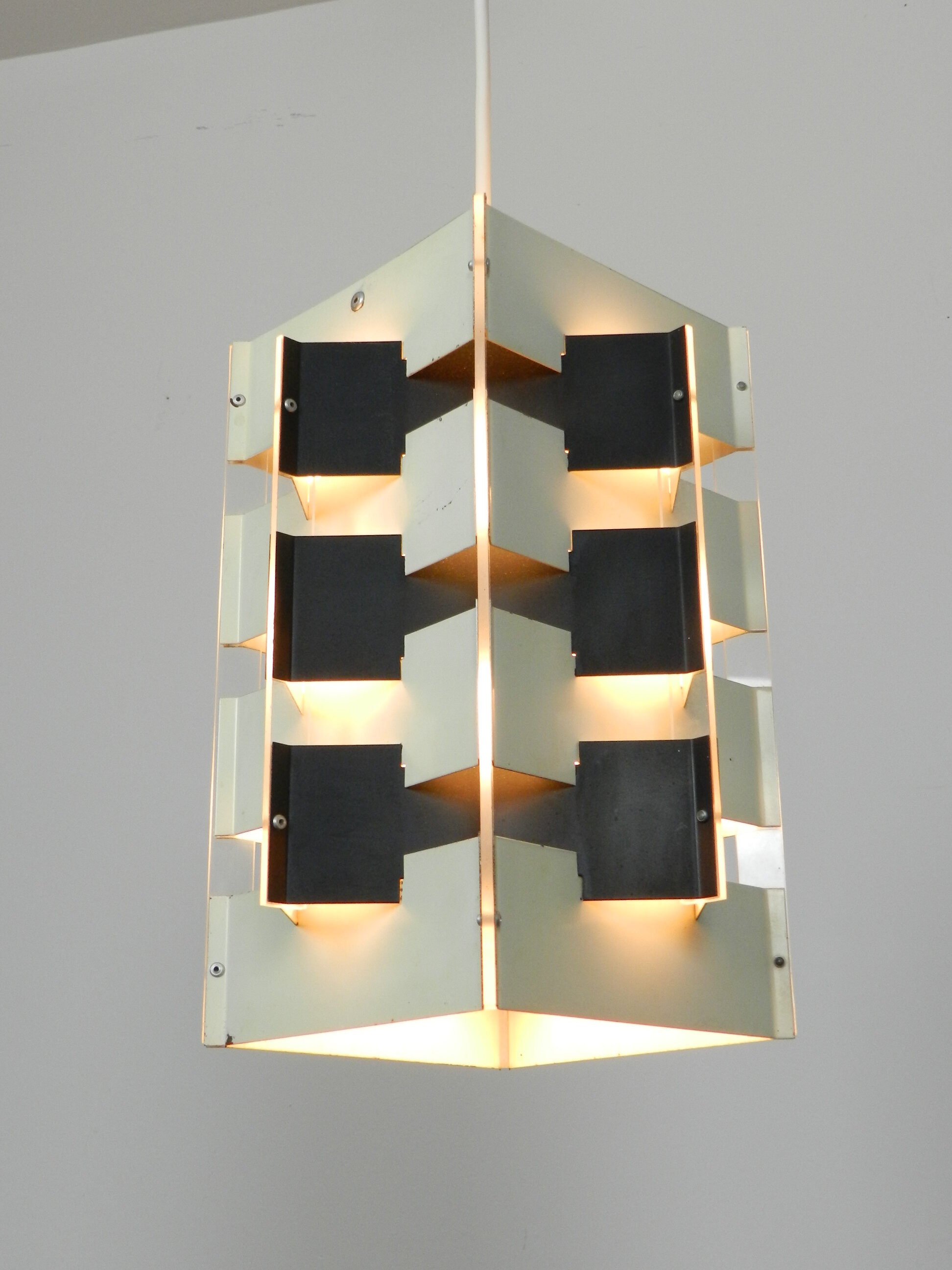 Enameled metal and lucite pendant lamp designed by JJM Hoogervorst for Anvia.  Netherlands, 1950s.