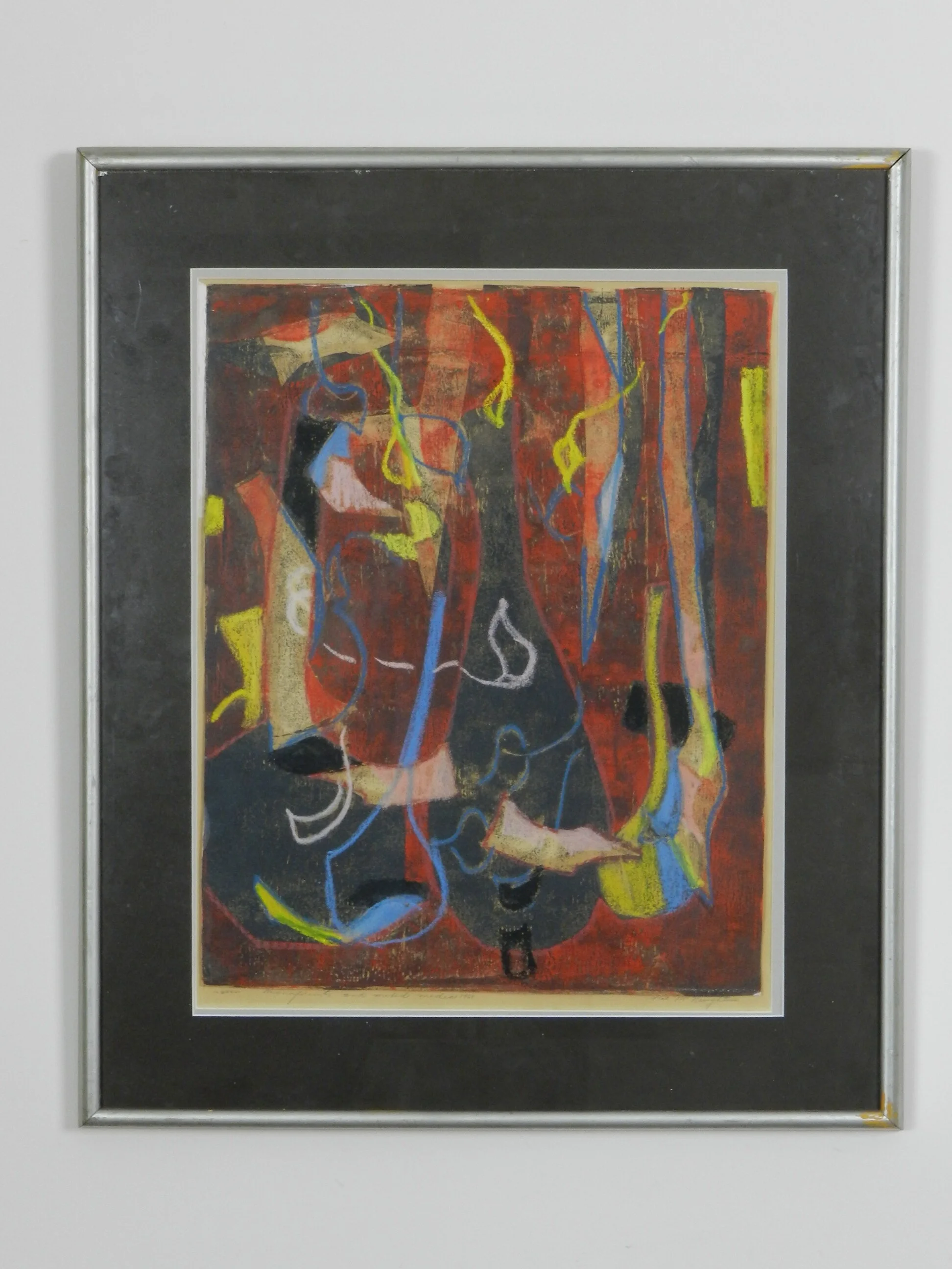 Abstract mono print and mixed media by Canadian artist  Pat McNaughton.  Signed and dated 1969.