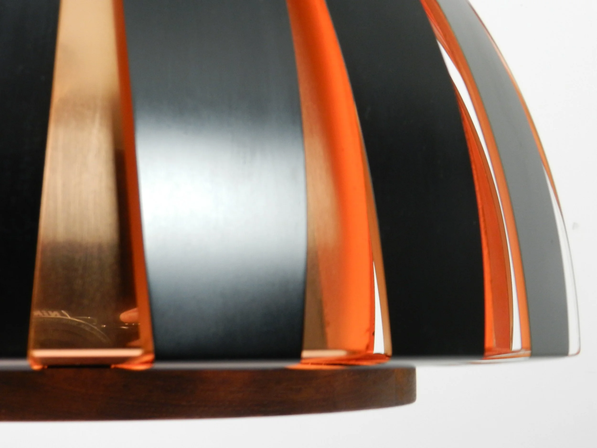 Fiesta pendant lamp designed by Svend Aage Holm Sorensen. Copper, enameled metal and teak.  Denmark, 1960s.