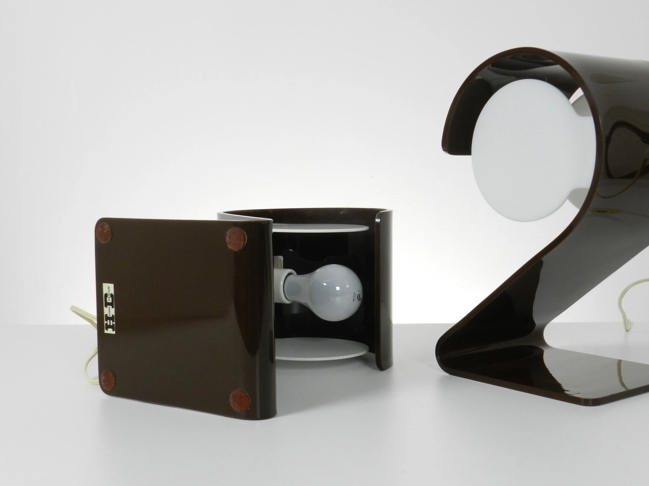 Pair of space age acrylic lamps in brown and white by Hink Design.  Canada, 1970s.