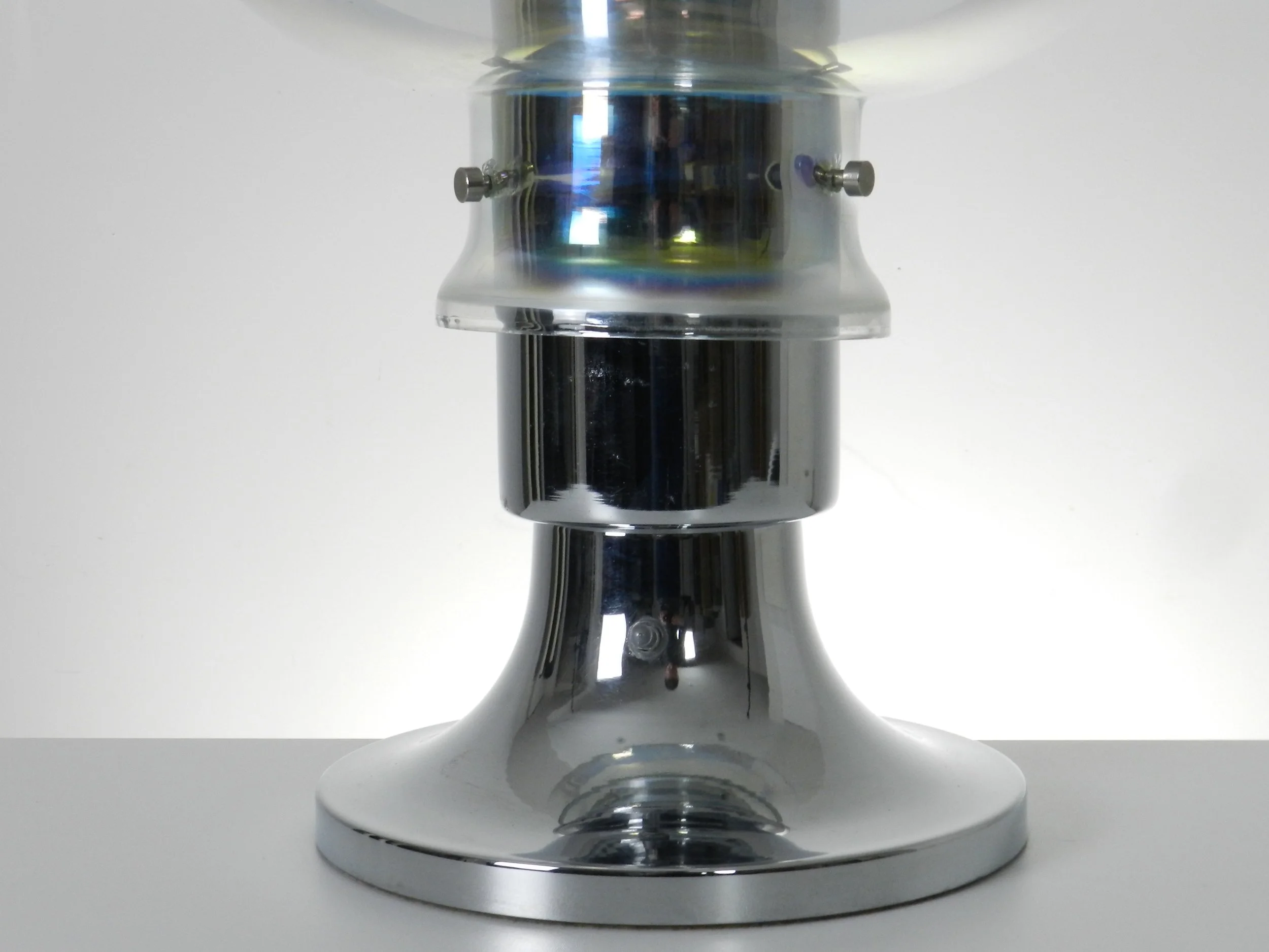 Space age lamp in chrome and iridescent glass with frosted top. Created by Thomas Industries.  USA, 1970s.