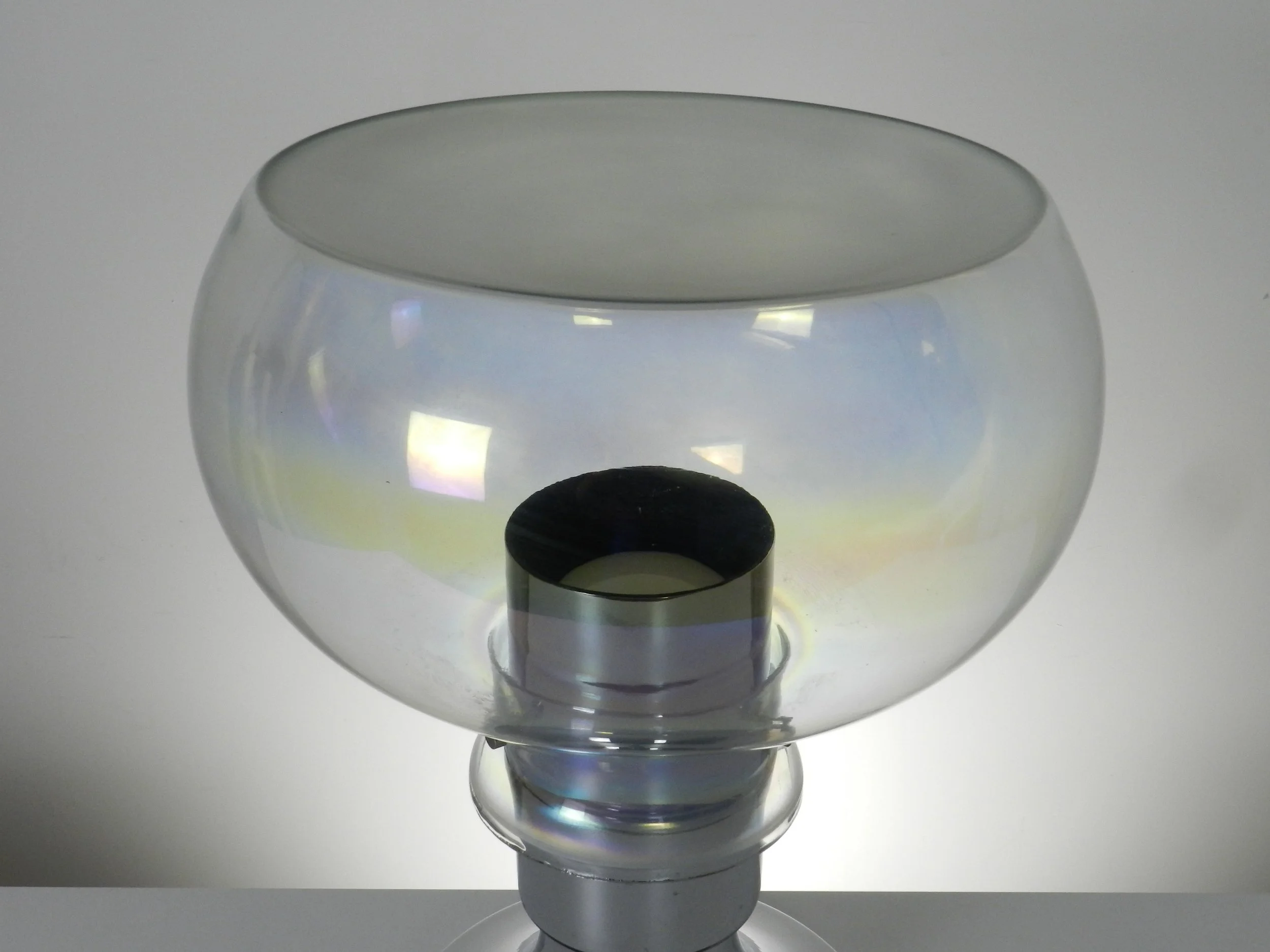 Space age lamp in chrome and iridescent glass with frosted top. Created by Thomas Industries.  USA, 1970s.