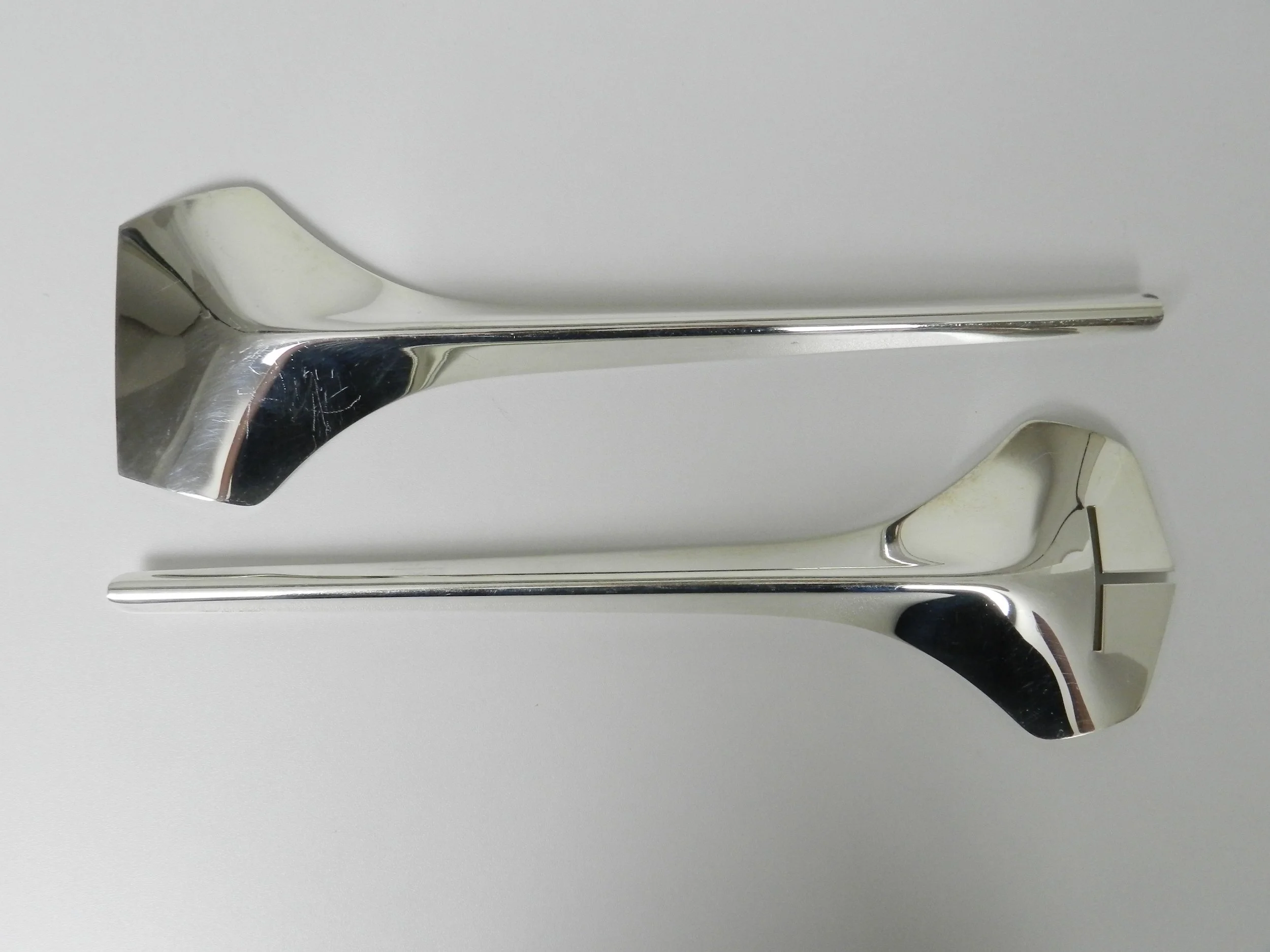 Modernist silver plate salad servers designed by Lino Sabattini.  Italy, 1960s.