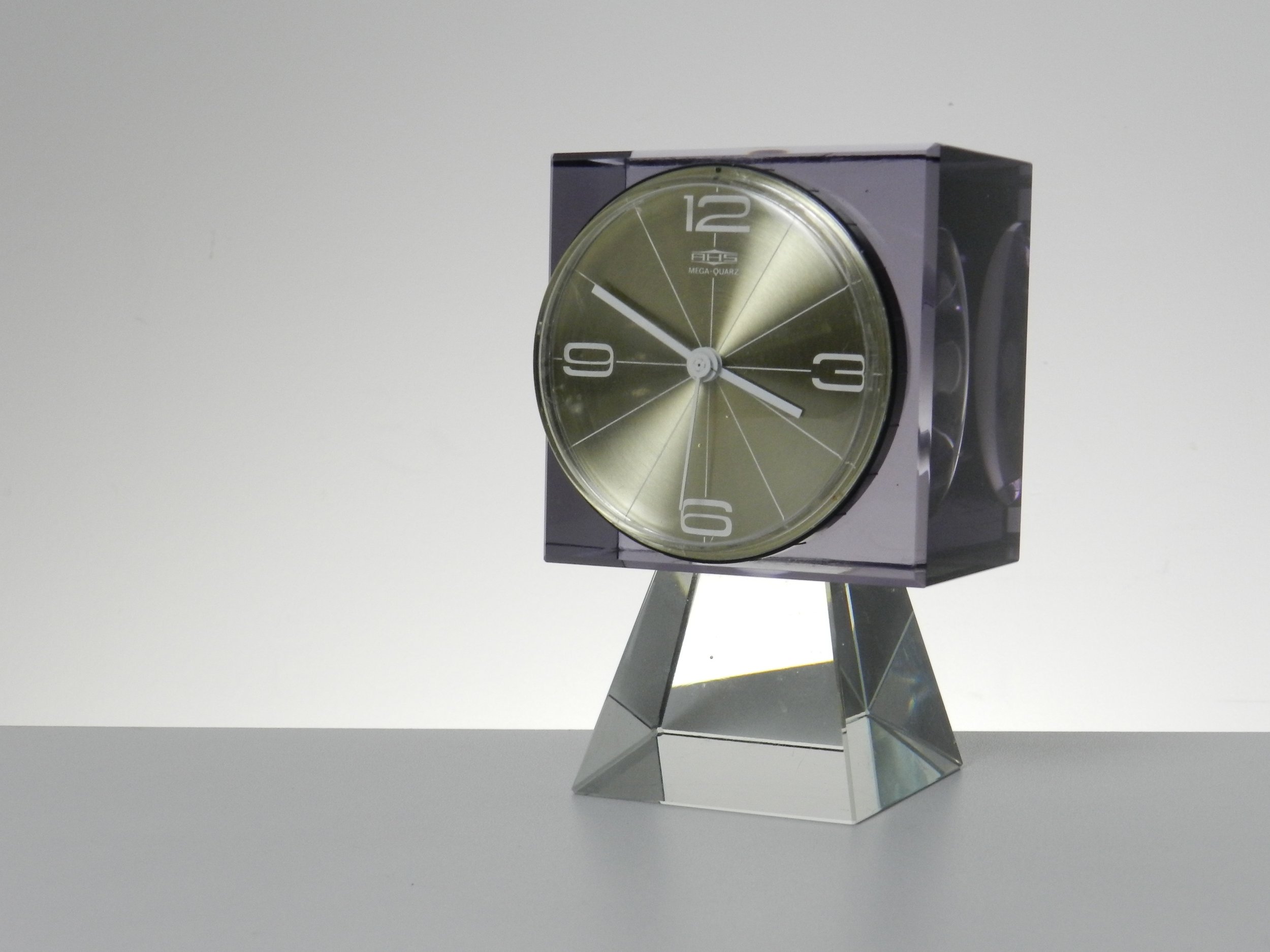 Crystal glass block pedestal clock by AHS.  Germany, 1970s.