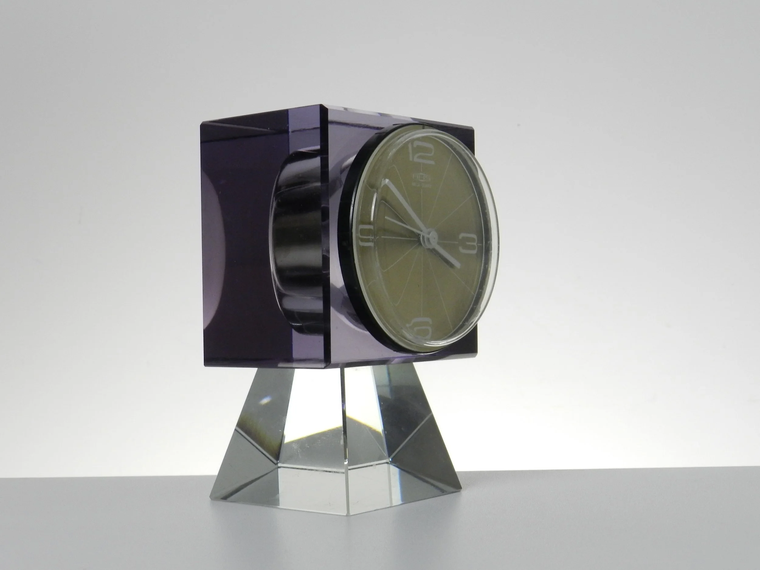 Crystal glass block pedestal clock by AHS.  Germany, 1970s.
