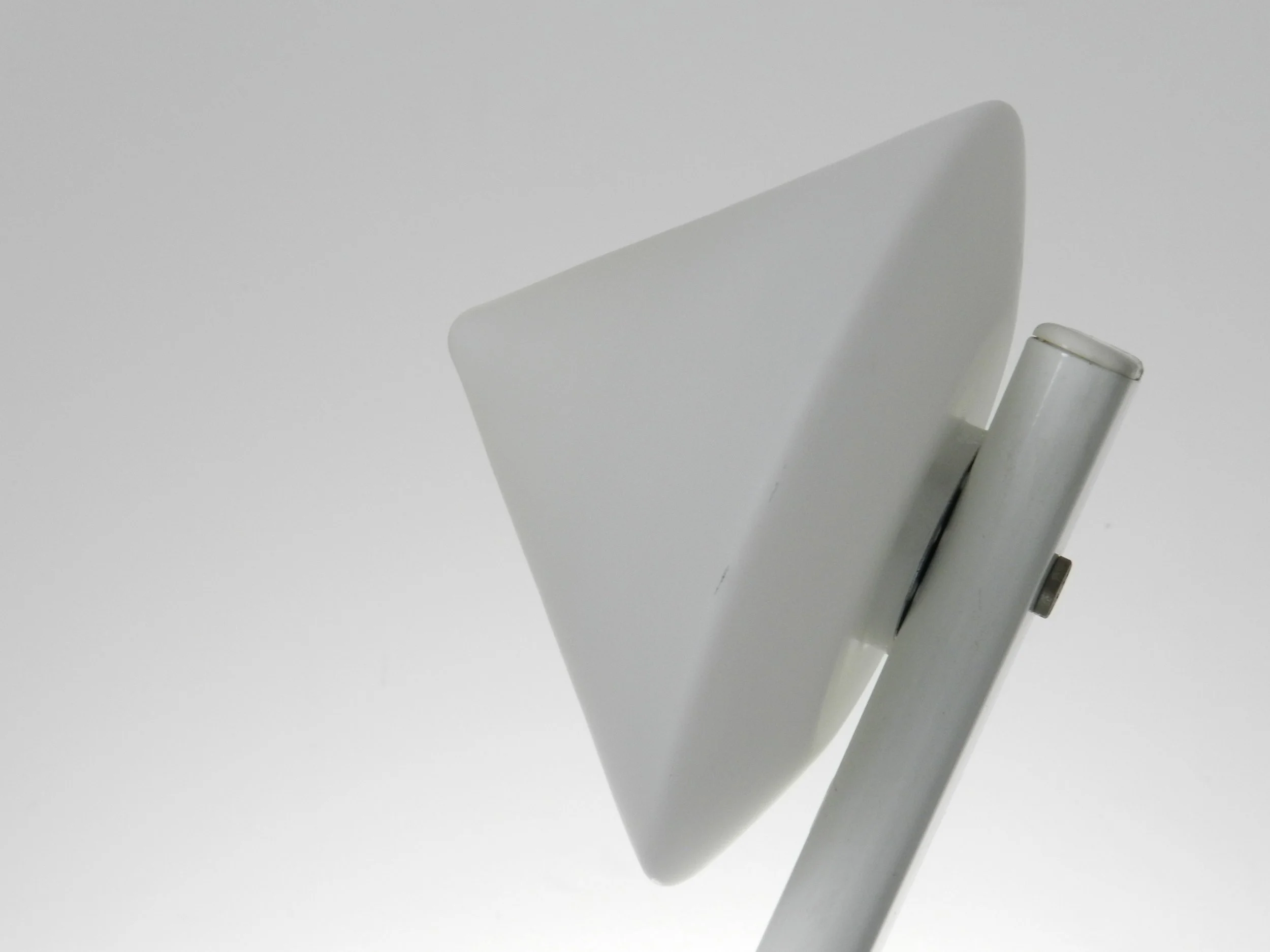 Post modern table lamp in enameled metal with opaline glass shade by Hala Zeist.  Netherlands, 1980s.