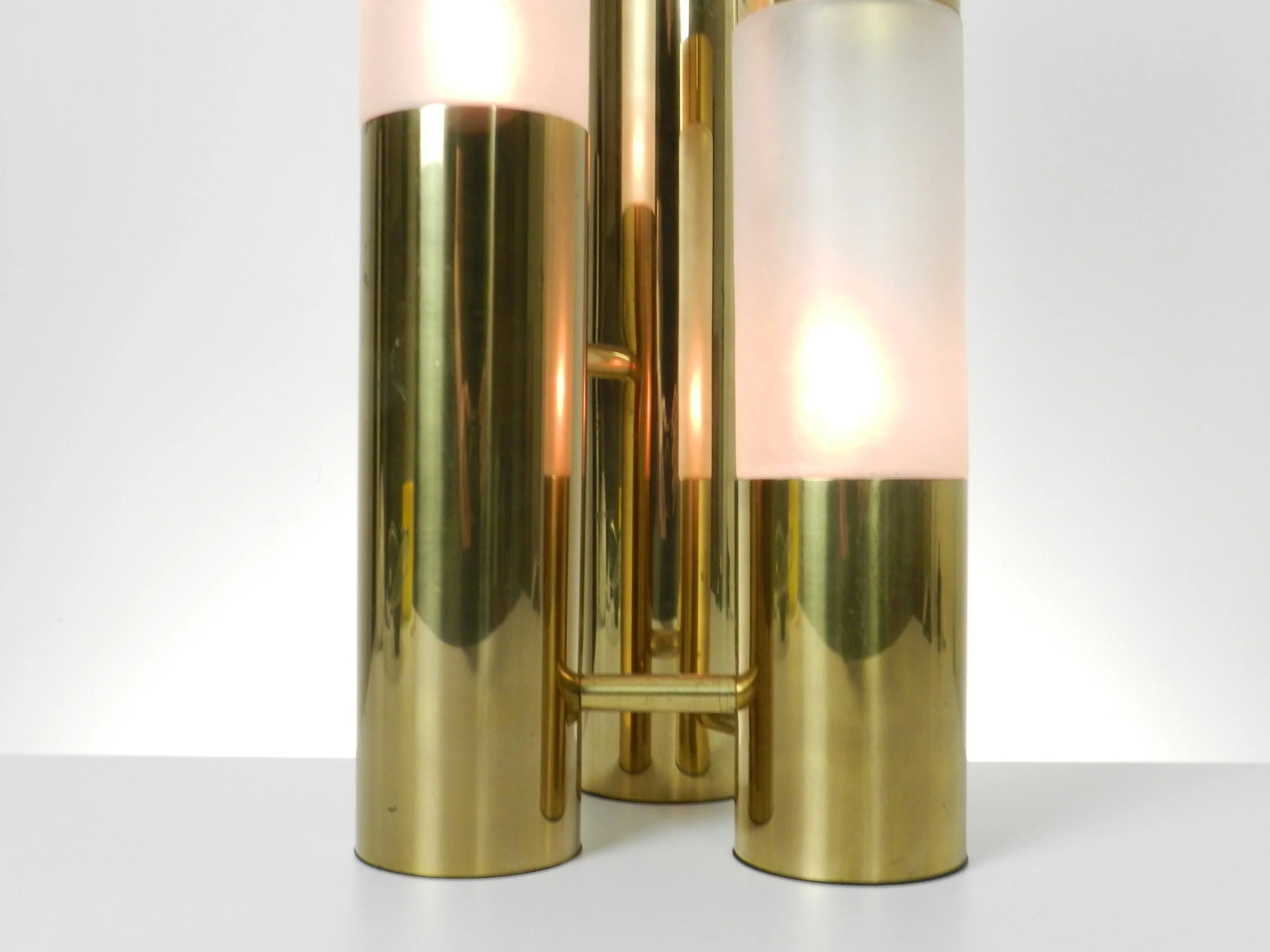 Modernist lamp designed by Gustavo Martinez for Origina. Brass with acrylic shades.  Canada, 1970s.