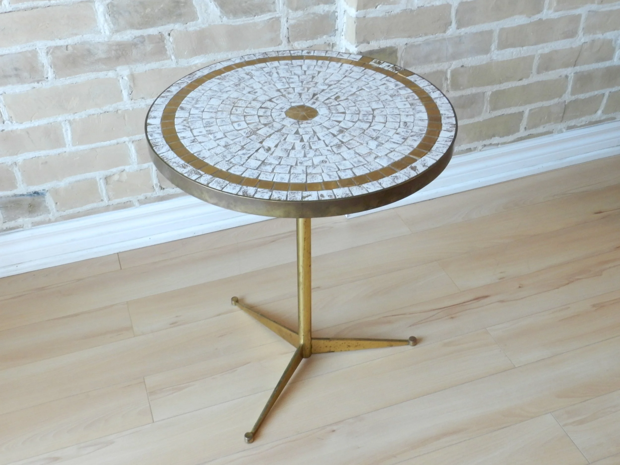 Mid century modern side table in brass with mosaic tile top, designer unknown.  circa 1950s.