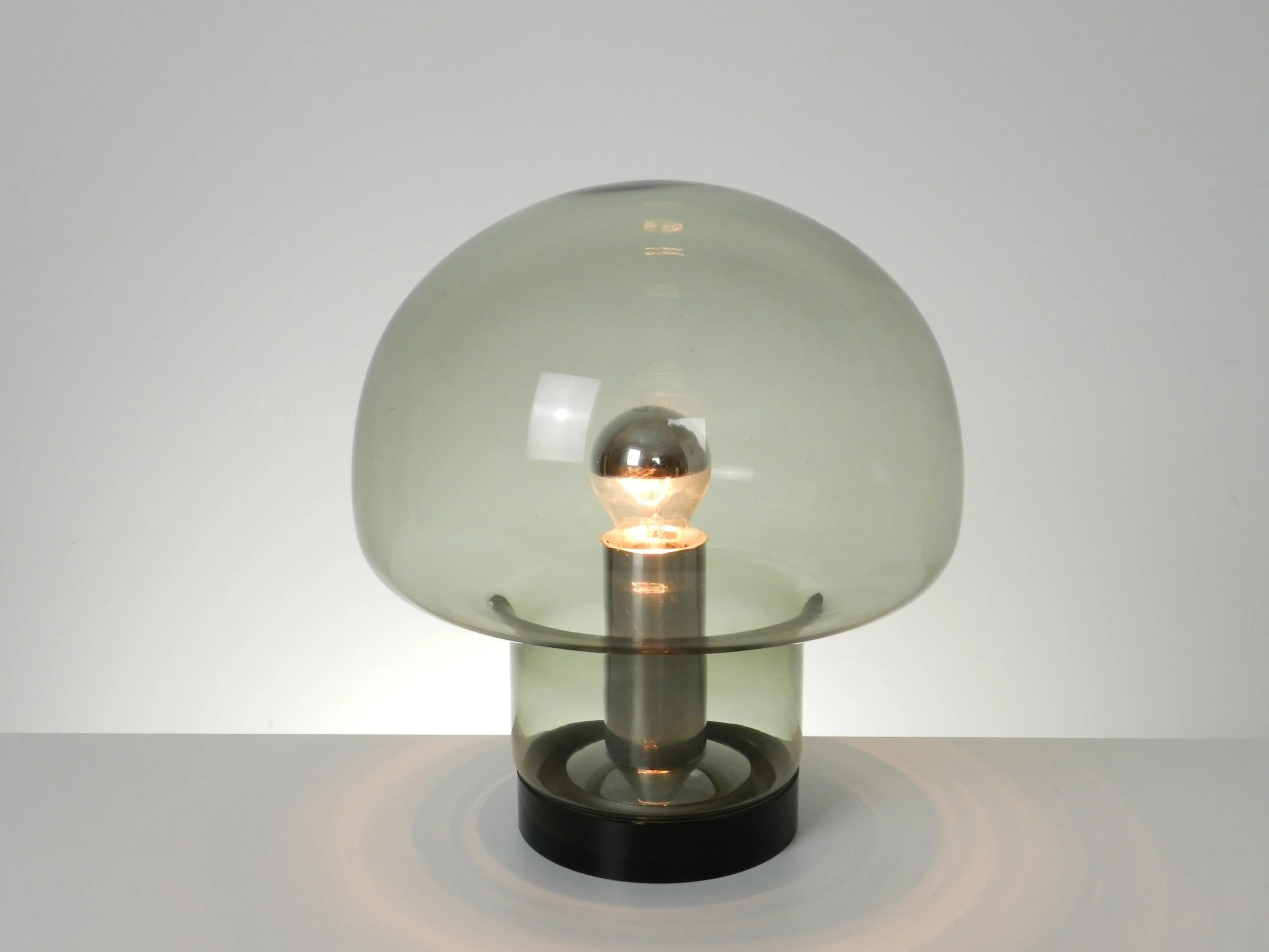 Smokey glass and chrome lamp by Peill and Putzler.  Germany, 1960s.