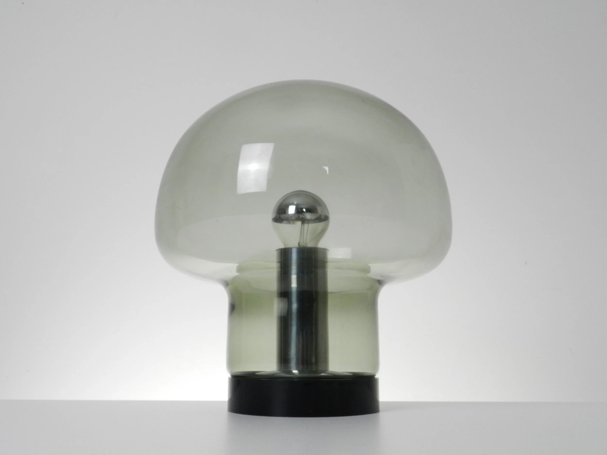 Smokey glass and chrome lamp by Peill and Putzler.  Germany, 1960s.