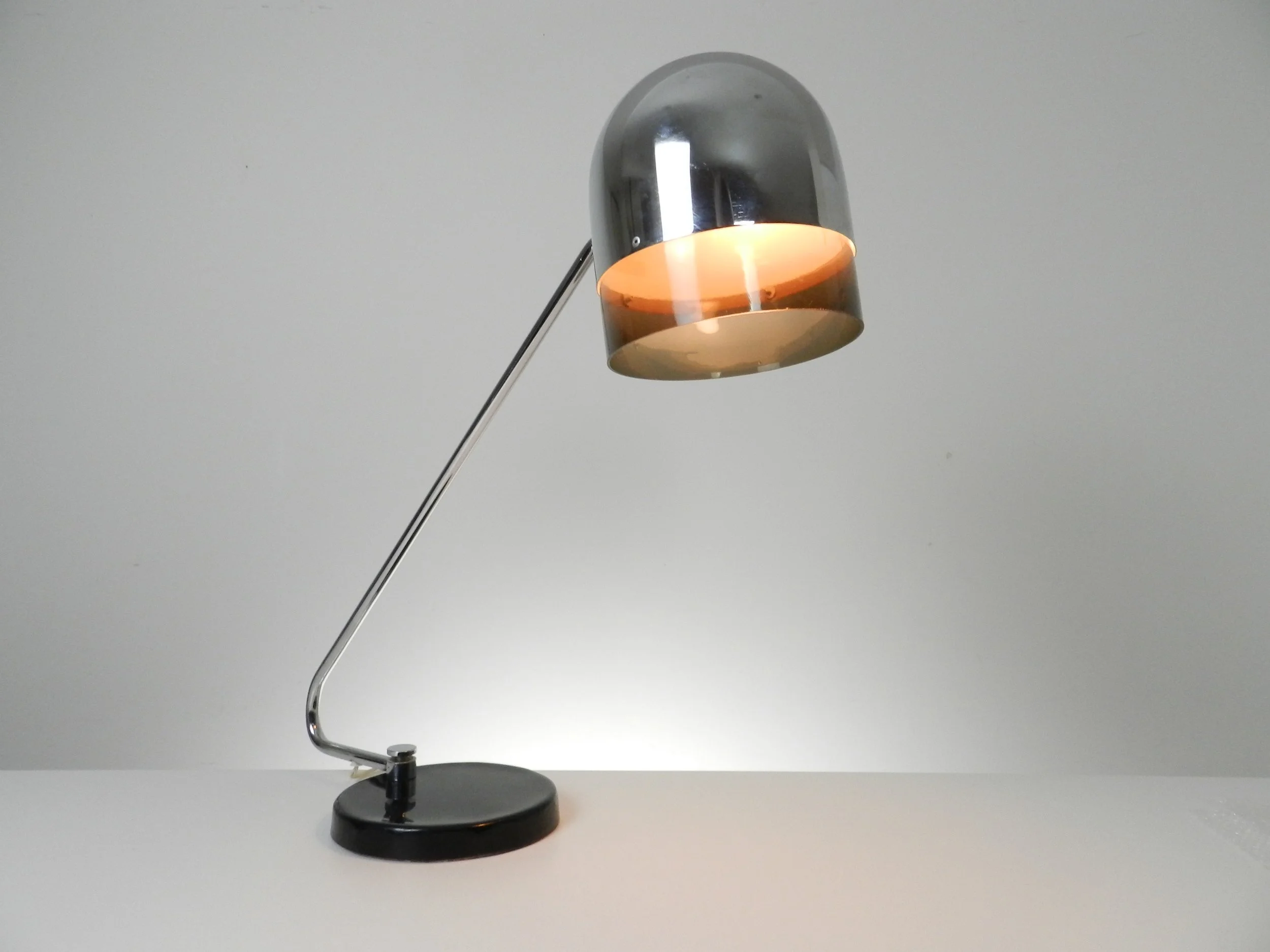 Space age desk lamp in chrome with acrylic diffuser.  circa 1970s.