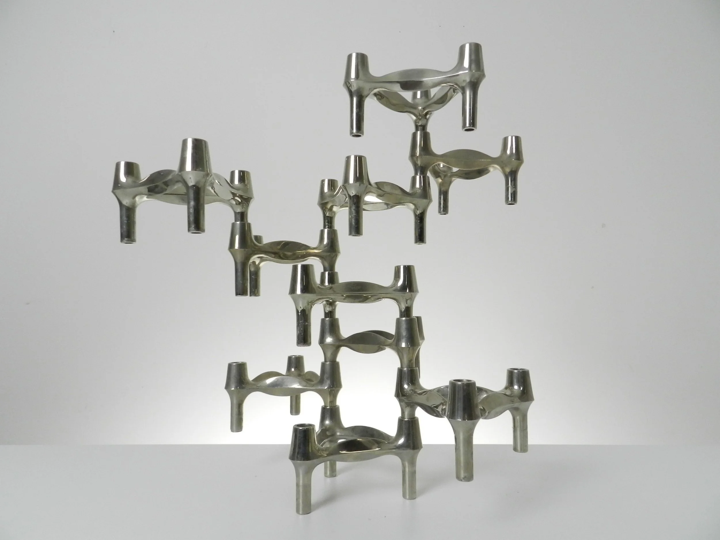 Set of 10 vintage chrome modular candle holders designed by Ceasar Stoffi and Fritz Nagel for BMF.  Germany, 1960s.
