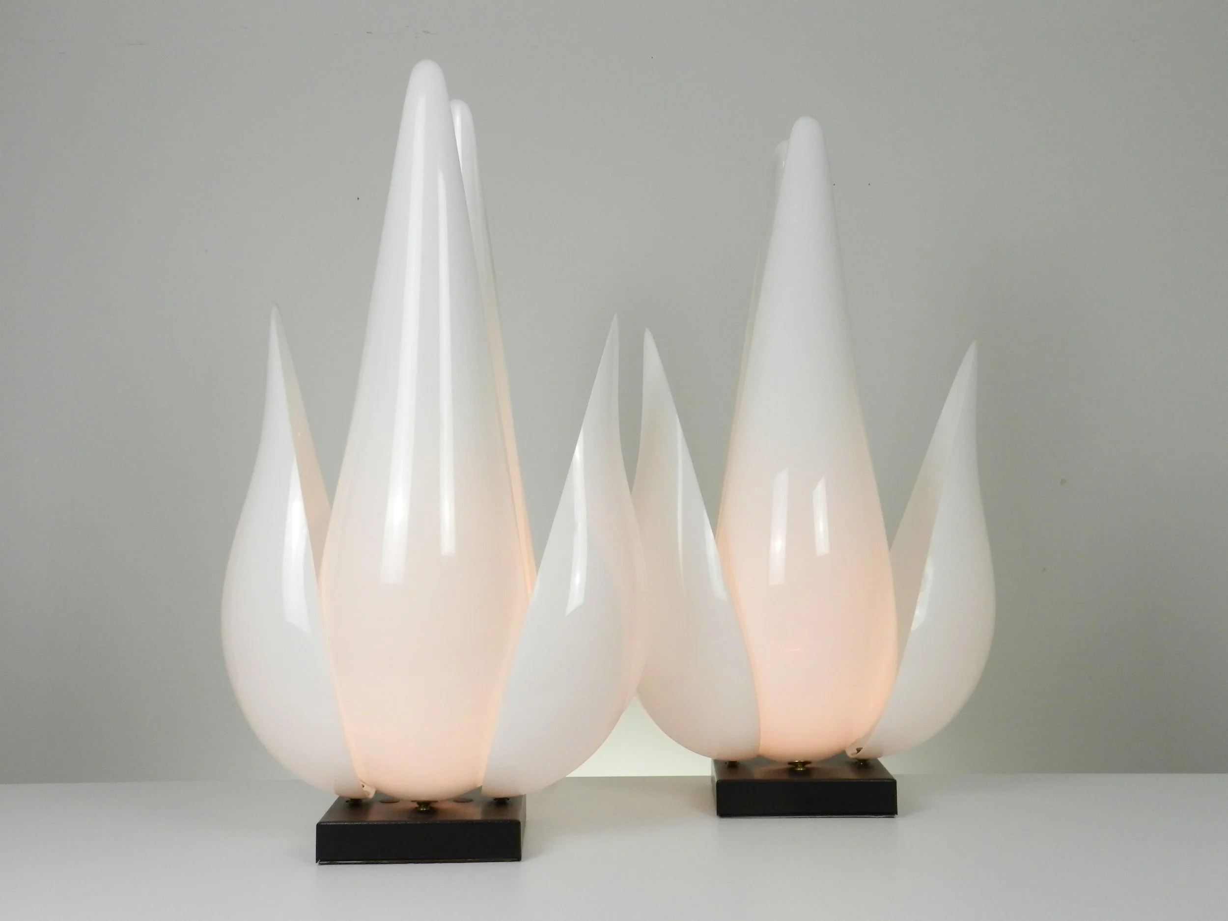 Pair of large sculptural tulip lamps in acrylic designed by Roger Rougier.  Canada, 1970s.