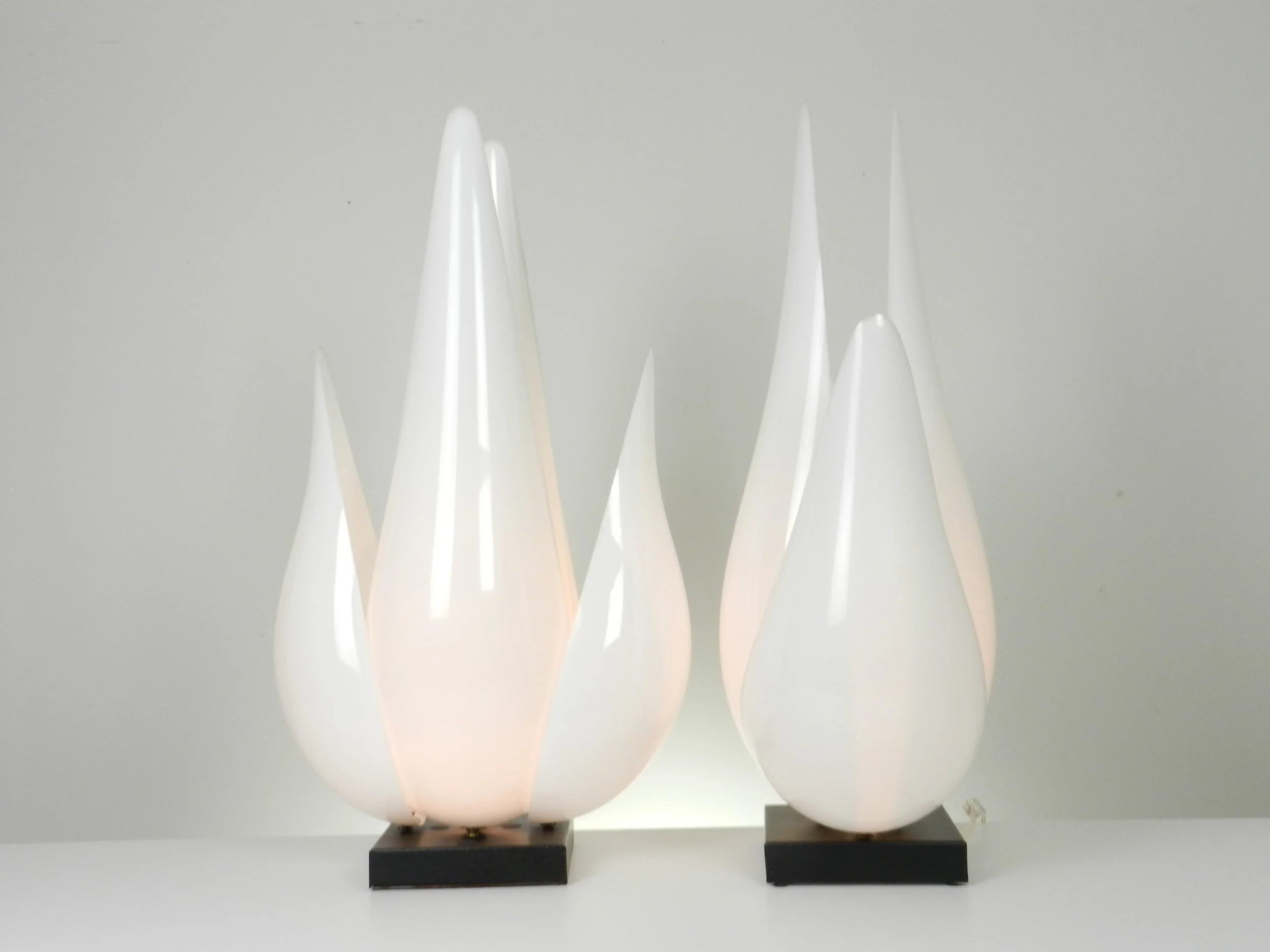 Pair of large sculptural tulip lamps in acrylic designed by Roger Rougier.  Canada, 1970s.