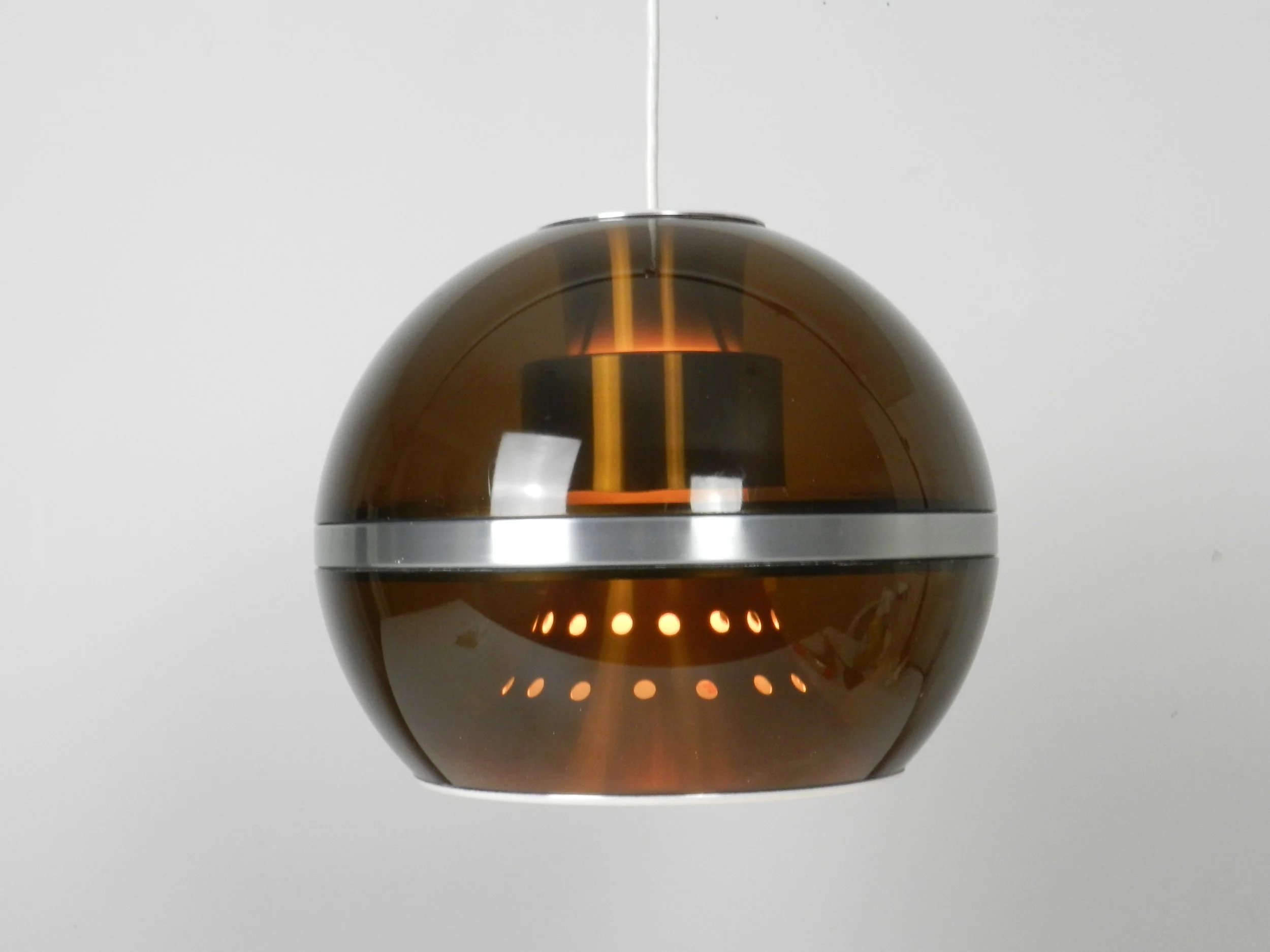 Space age pendant lamp by Dijkstra in tinted acrylic and aluminum.  Netherlands, 1970s.