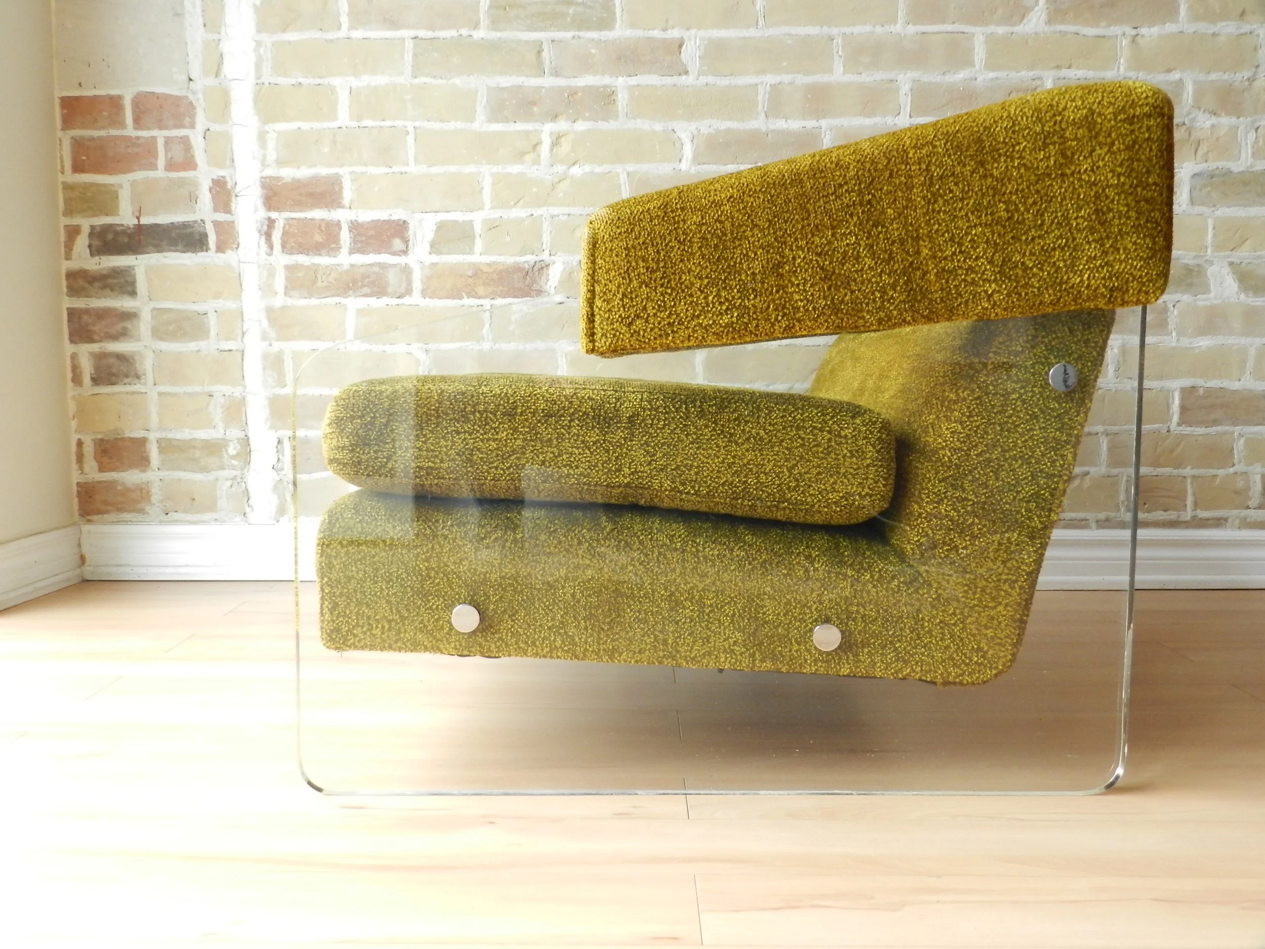 Lounge chair in lucite with original upholstery designed by Luigi Tiengo for Cimon.  Quebec, Canada, 1970s.