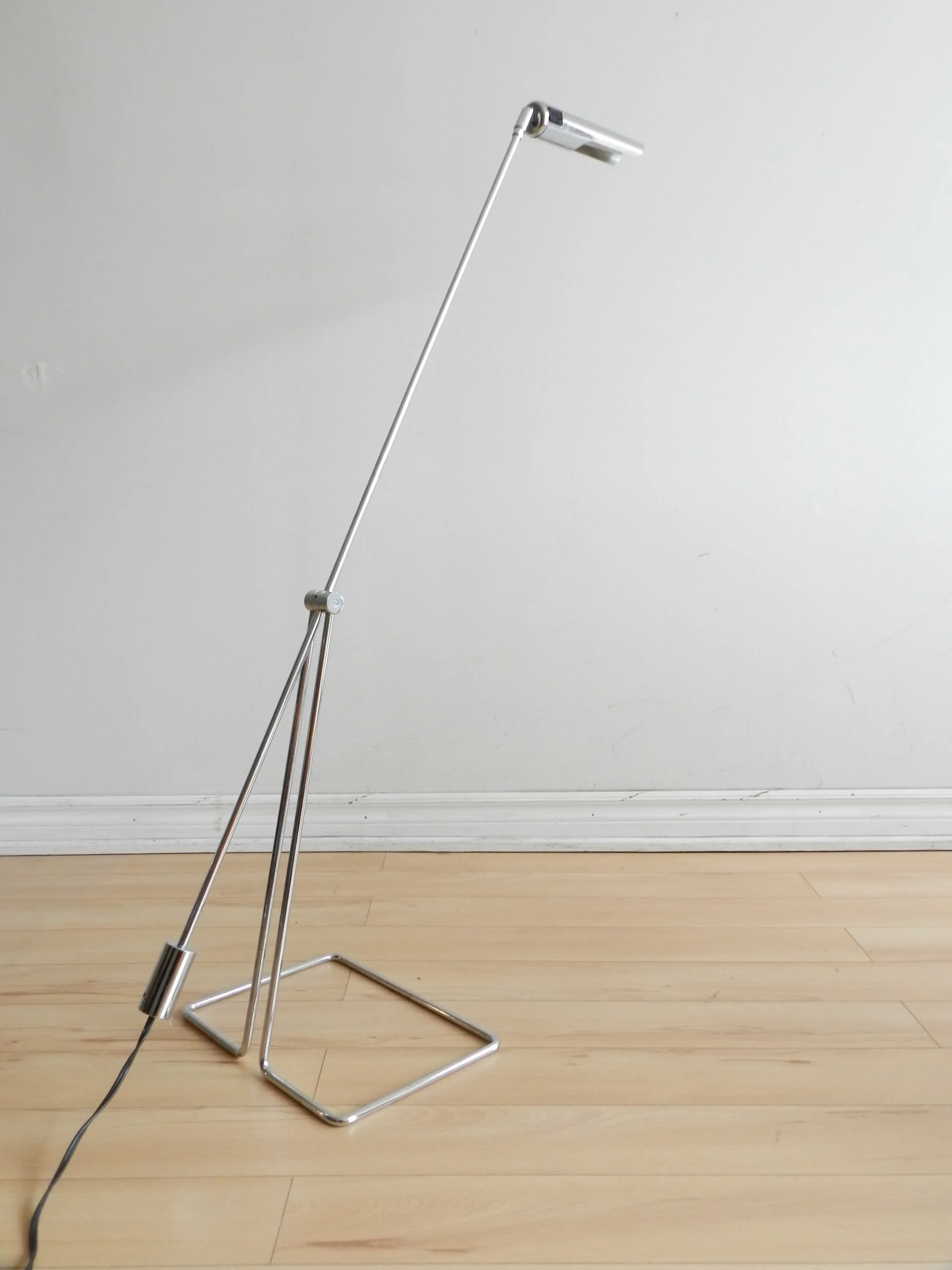Minimalist chrome counter balance floor lamp designed by Abo Randers.  Denmark, design from the 1970s.