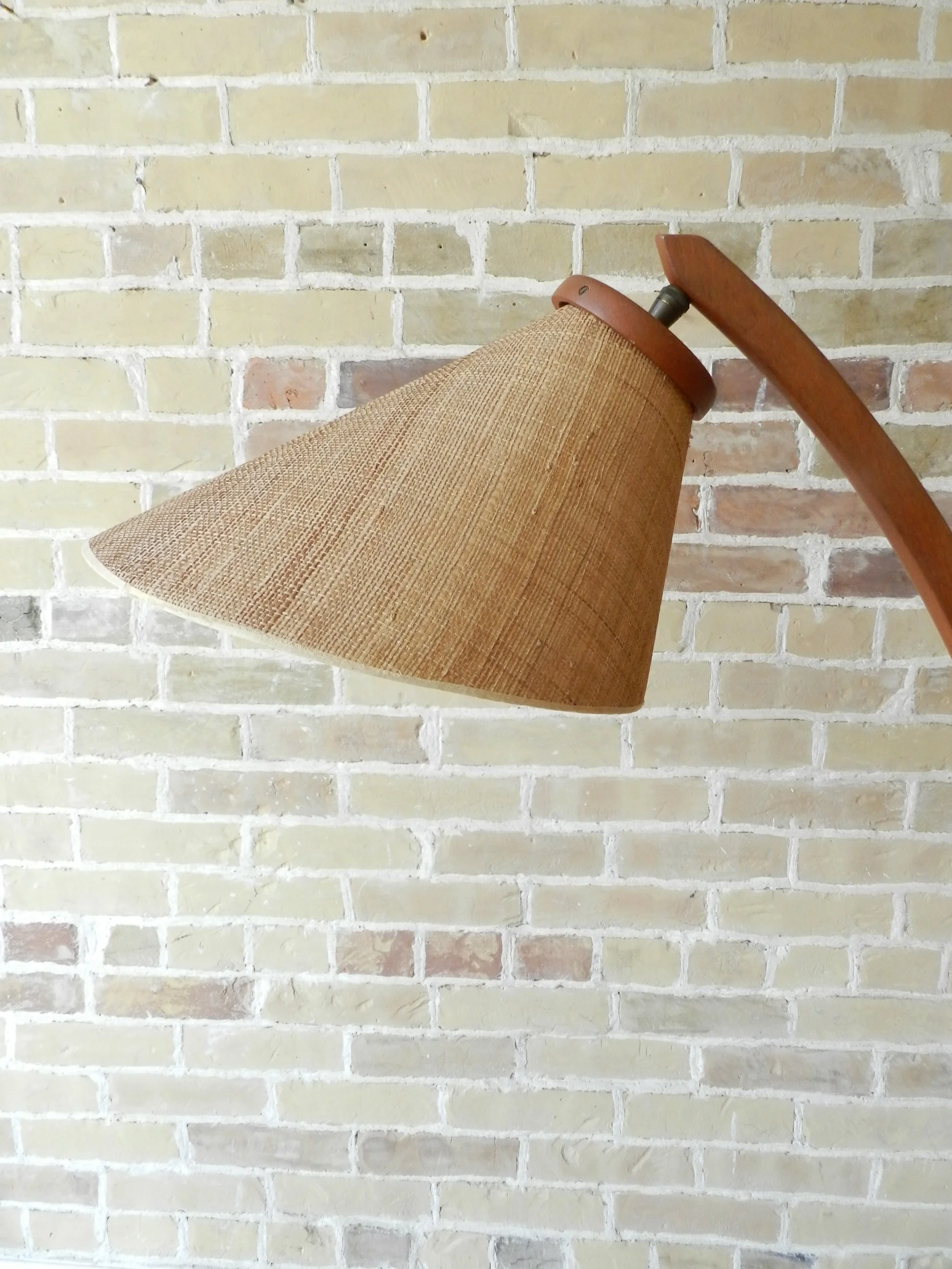 Teak arc floor lamp with original grass cloth covered shade.  Denmark, 1960s.