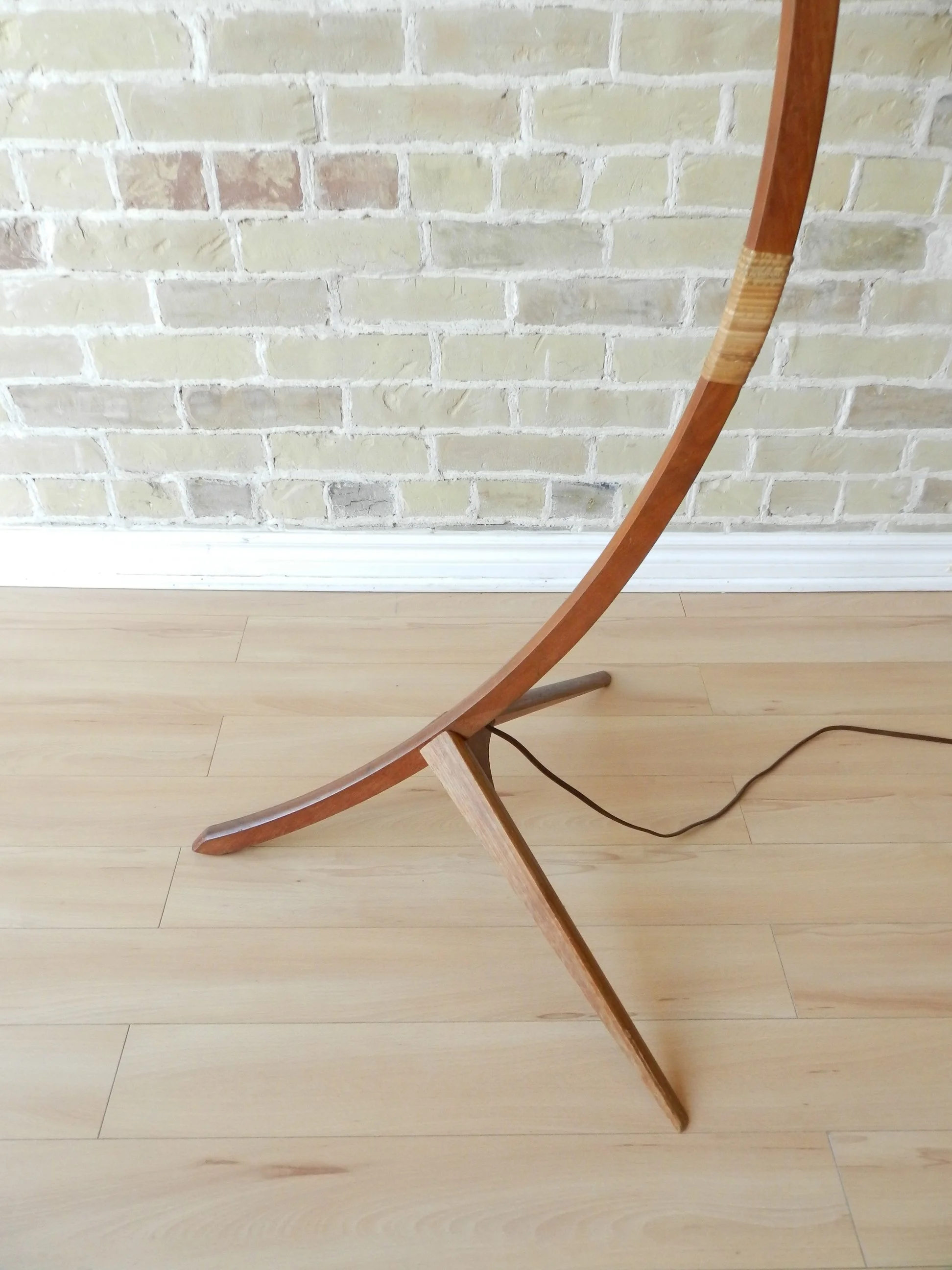 Teak arc floor lamp with original grass cloth covered shade.  Denmark, 1960s.