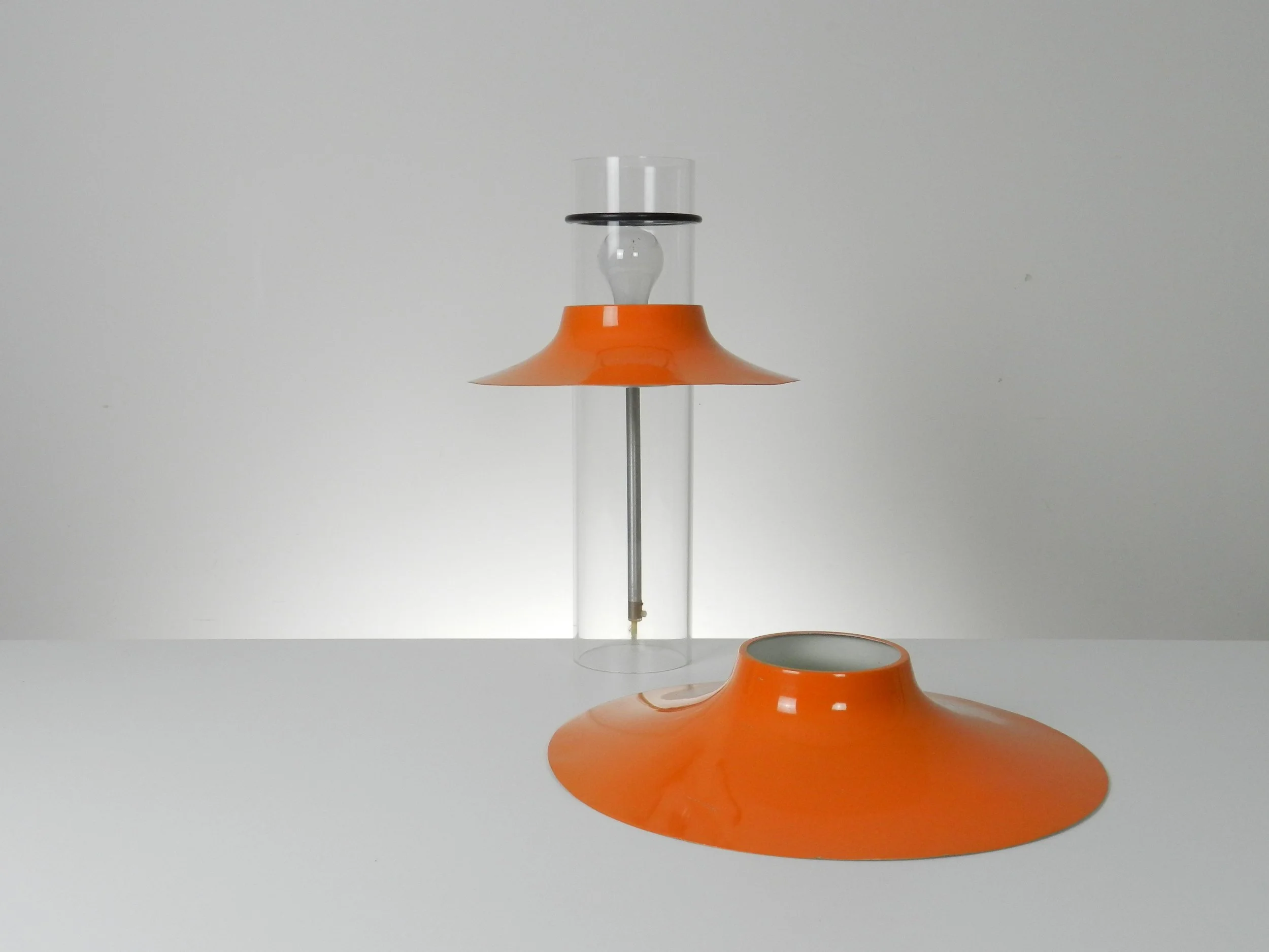 Space age table lamp in enameled aluminum shades with acrylic base.  Sweden, 1970s.
