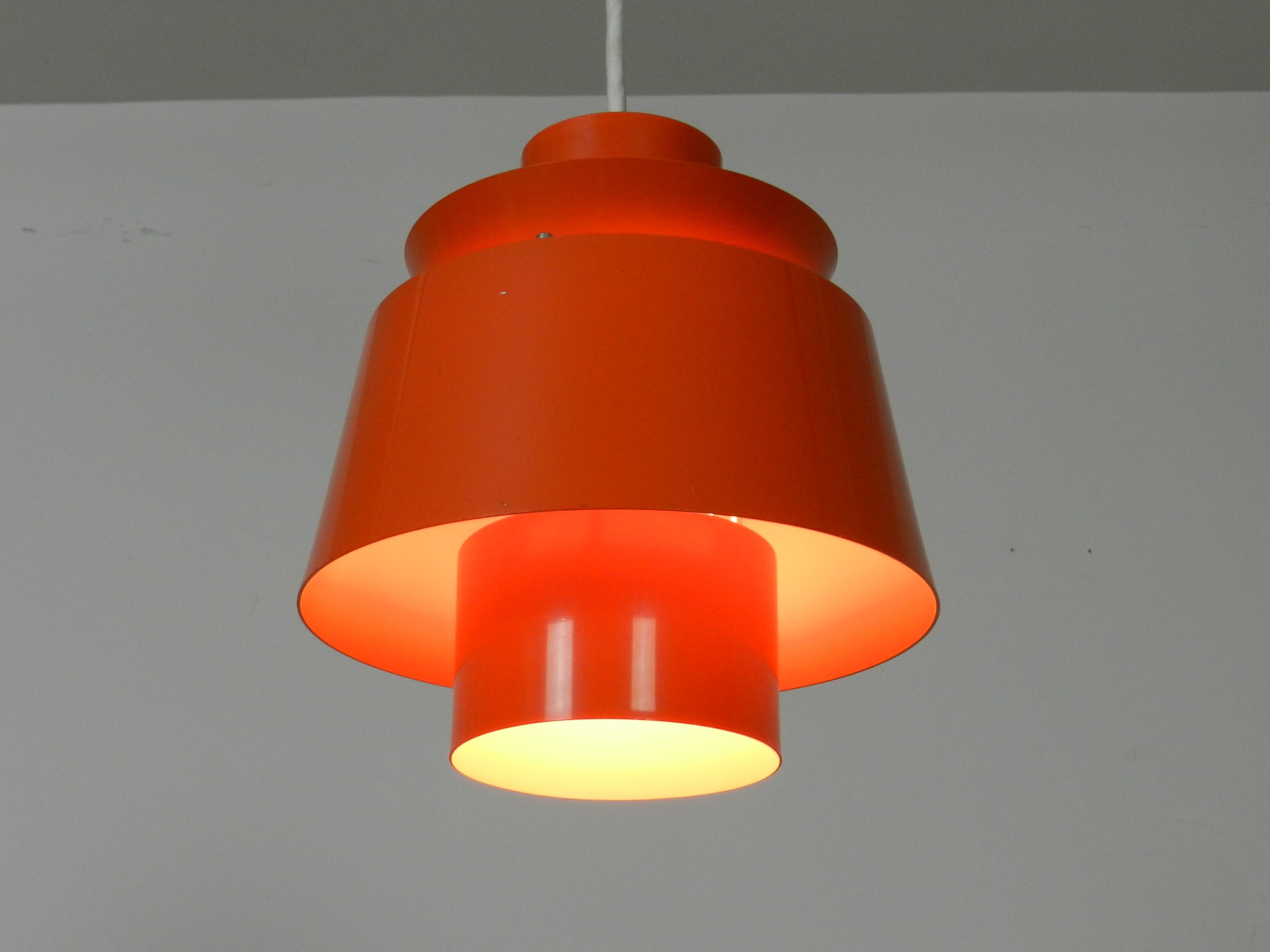 Set of 3 colourful Tivoli pendant lamps designed by Jorn Utzon for Nordisk Solar.  Denmark, 1960s.