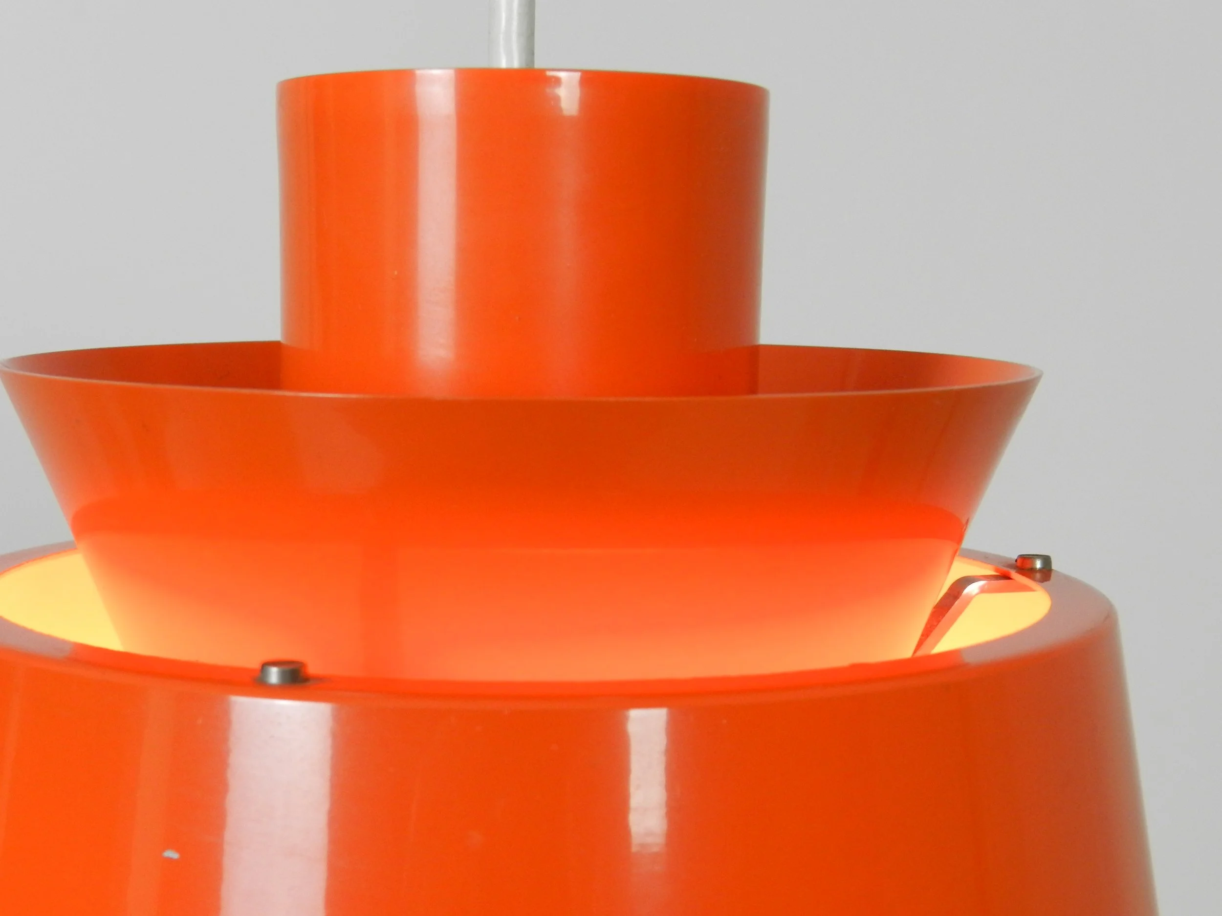 Set of 3 colourful Tivoli pendant lamps designed by Jorn Utzon for Nordisk Solar.  Denmark, 1960s.