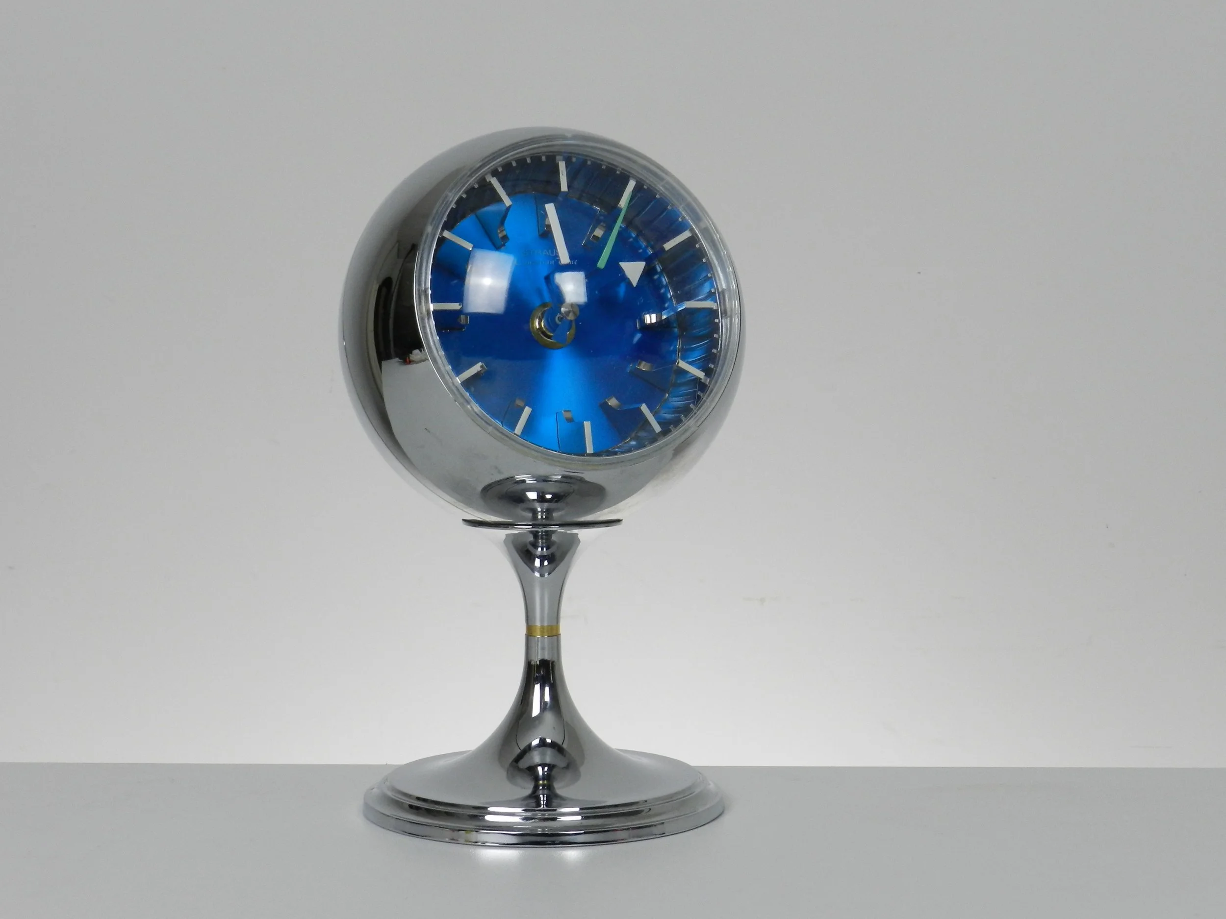 Space age pedestal clock in chrome by Strauss.  Japan, 1970s.