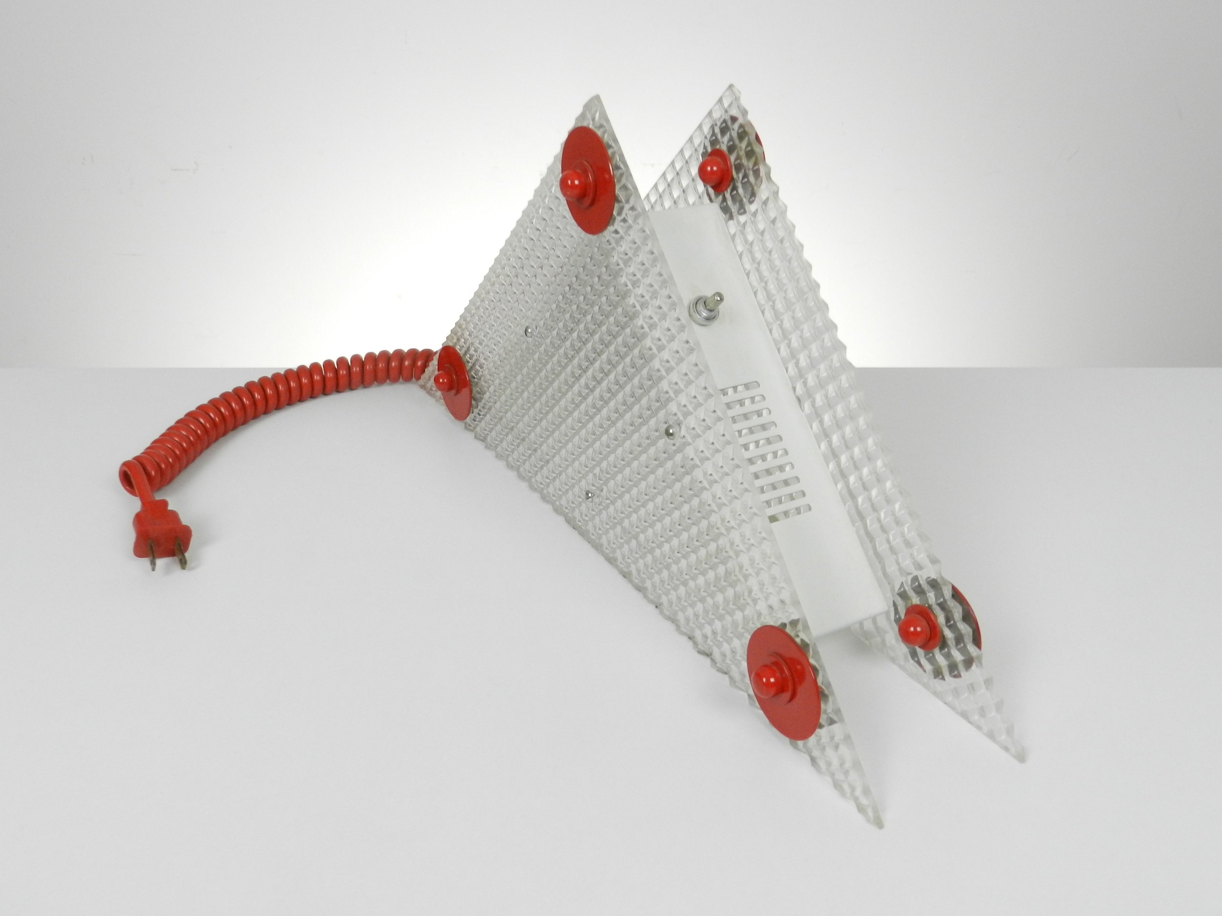 Memphis style post modern lamp in plastic with metal frame.  Designer unknown, 1980s.