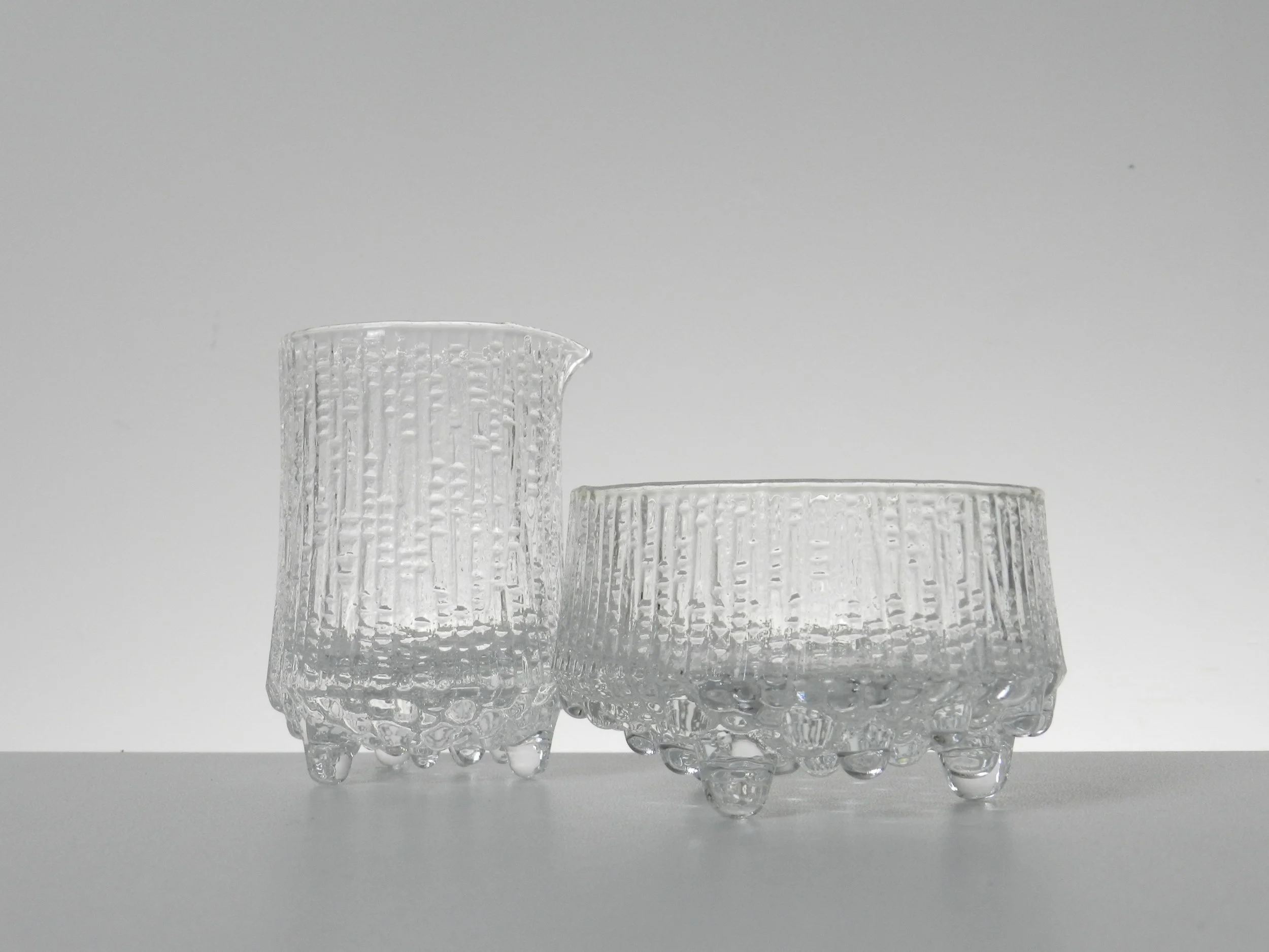 Glass ‘Ultima Thule’ cream and sugar bowl designed by Tapio Wirkkala for Iittala.  Finland, 1960s.